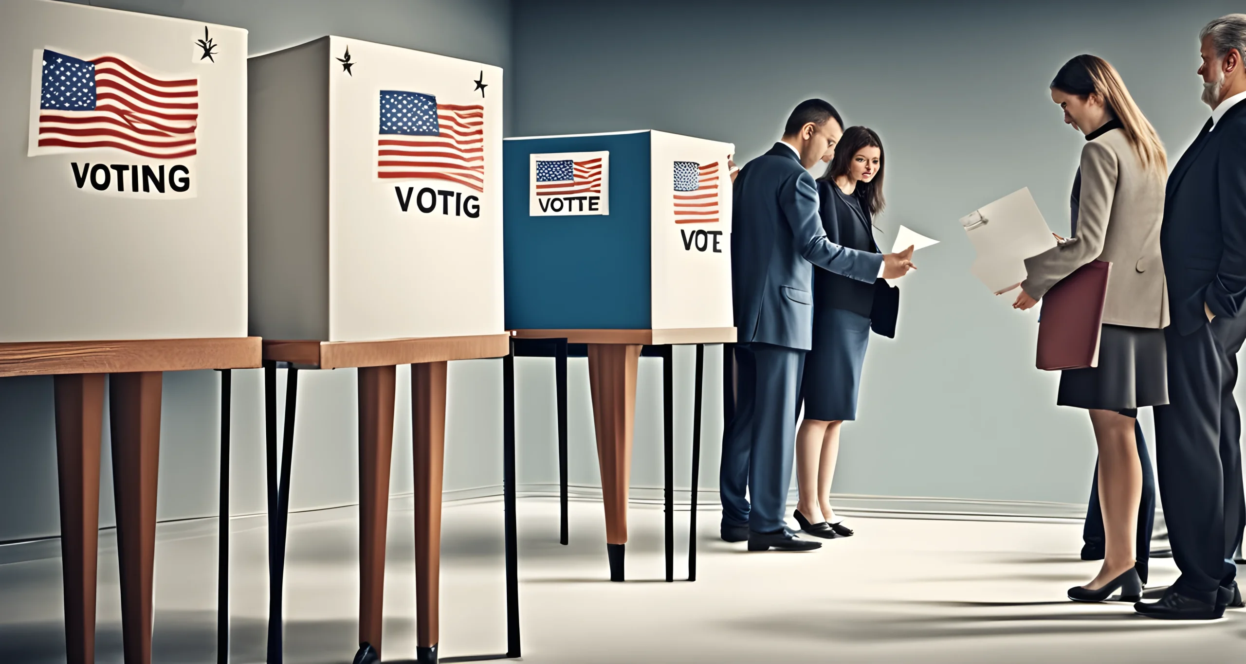 The image shows a ballot box, a voting booth, and a group of people casting their votes in an election.