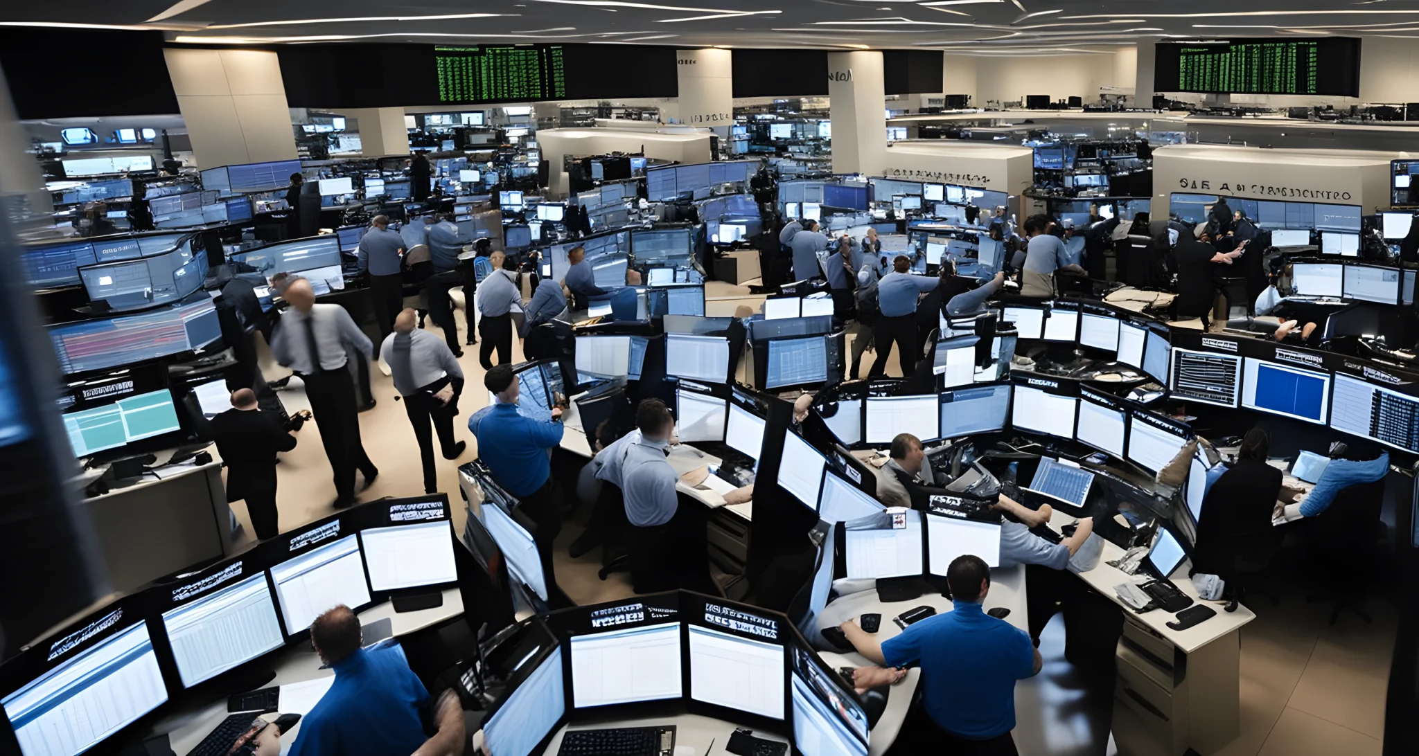 The image shows a chaotic stock exchange floor with traders gesturing and shouting, surrounded by computer screens and financial data.