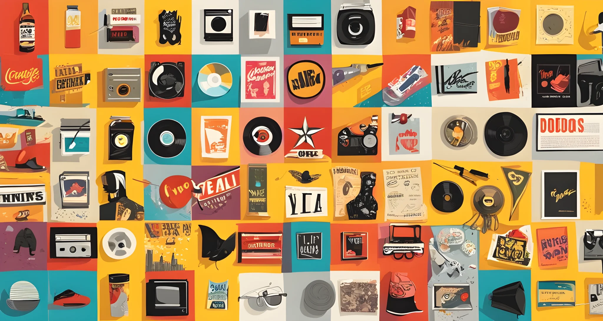 The image shows a collage of iconic pop culture symbols, including film posters, music album covers, fashion trends, and recognizable consumer products.