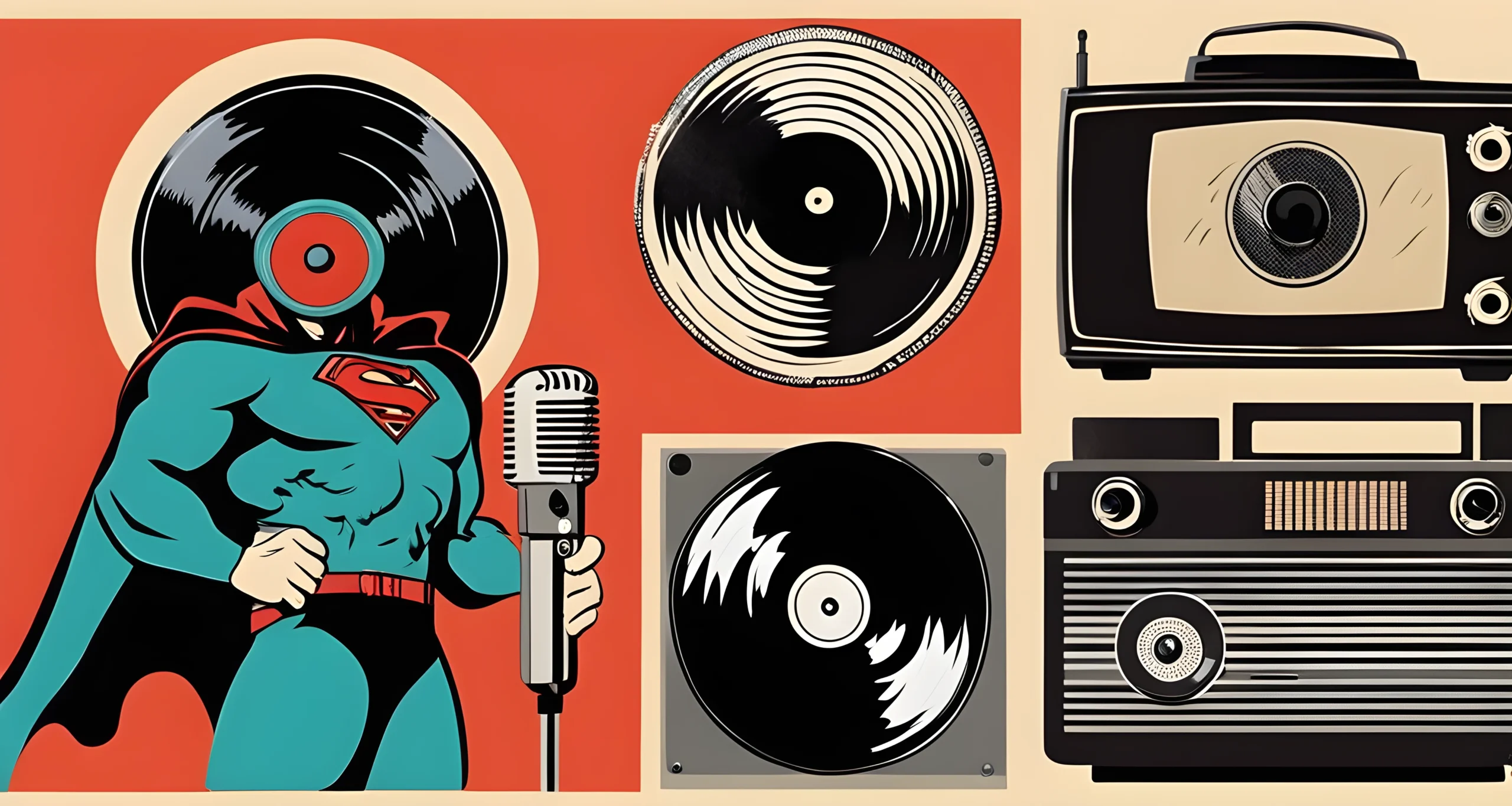 The image shows a collage of iconic pop culture symbols such as a vinyl record, a movie camera, a microphone, a superhero cape, and a vintage television set.