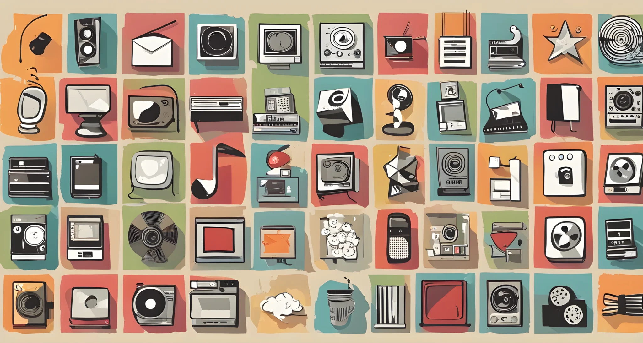 The image shows a collage of popular icons and symbols from various forms of media, including movies, music, and television.