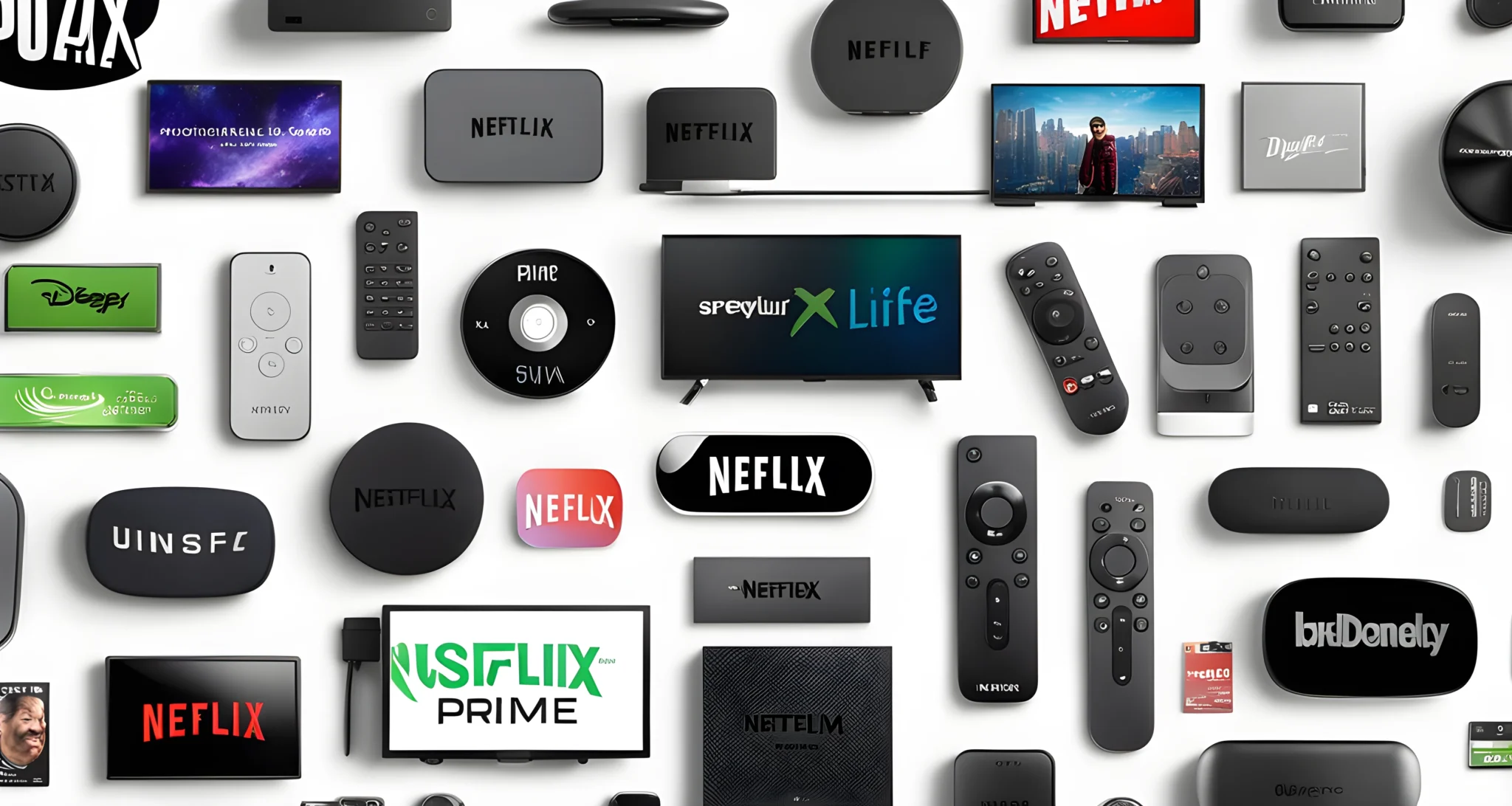 The image shows a collection of various streaming devices and logos for popular streaming services such as Netflix, Hulu, Amazon Prime, and Disney+.