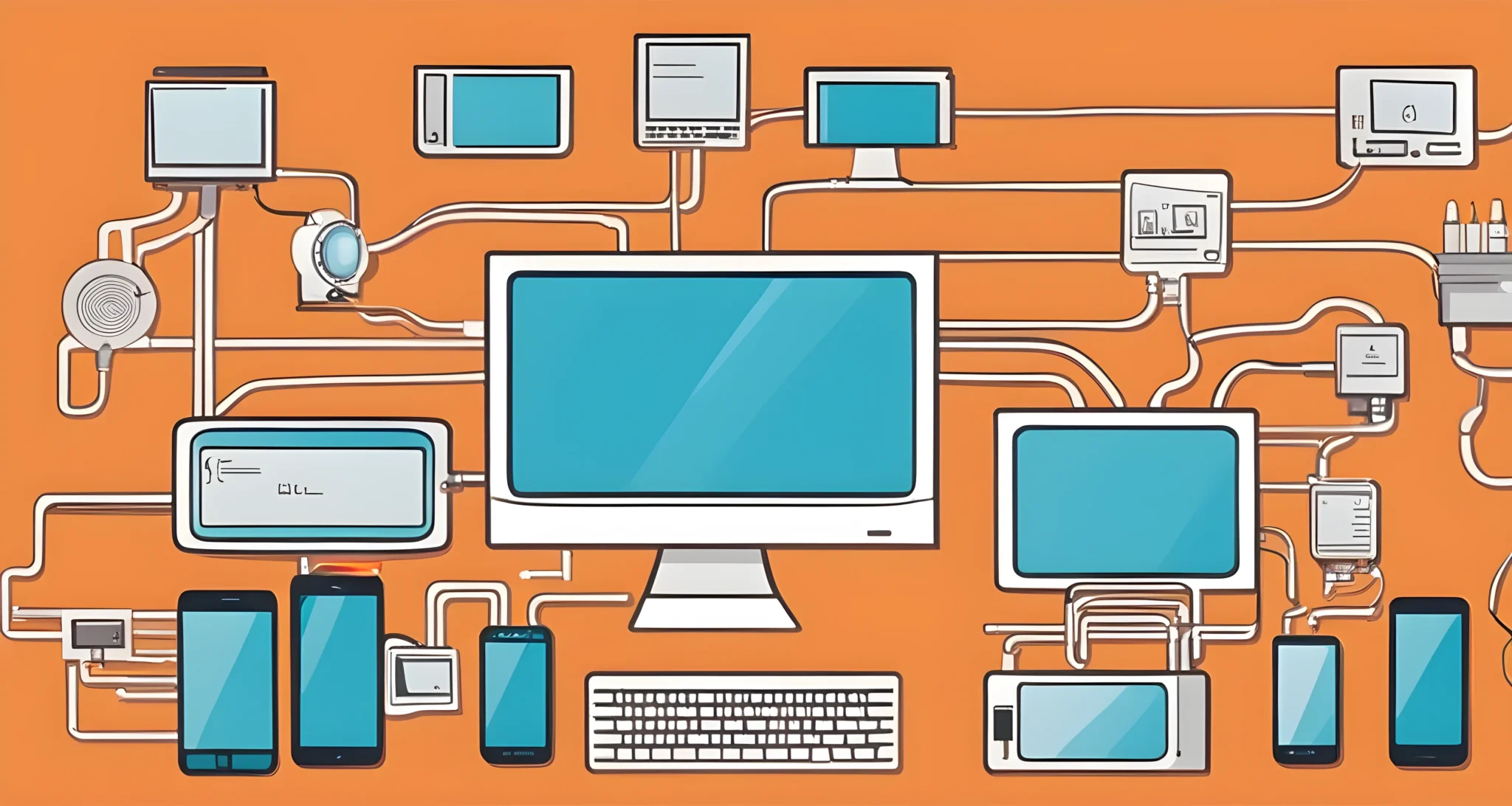 The image shows a computer connected to the internet and multiple electronic devices such as smartphones, tablets, and smart home devices.