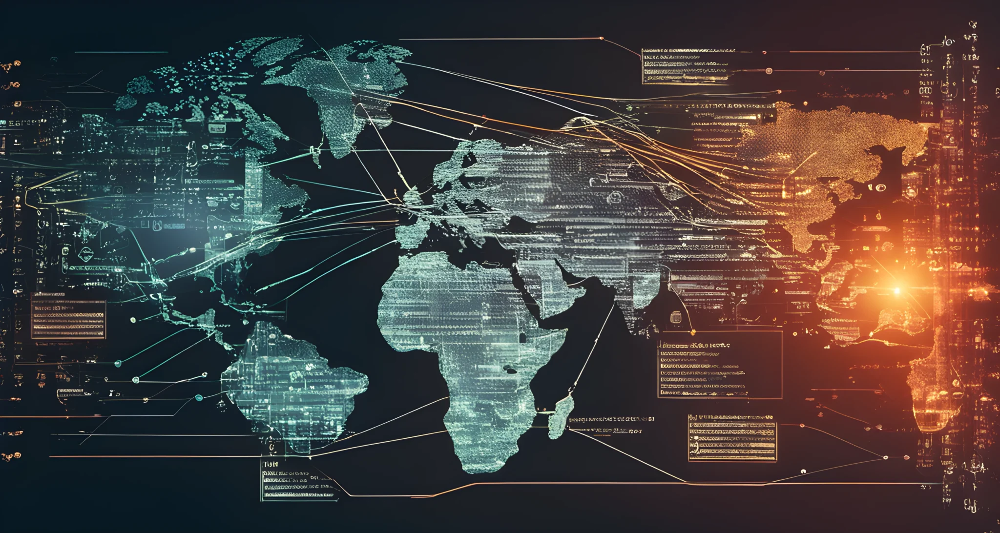 The image shows a computer screen displaying lines of code and a series of interconnected networks, representing the complex and interconnected nature of modern cyber warfare.