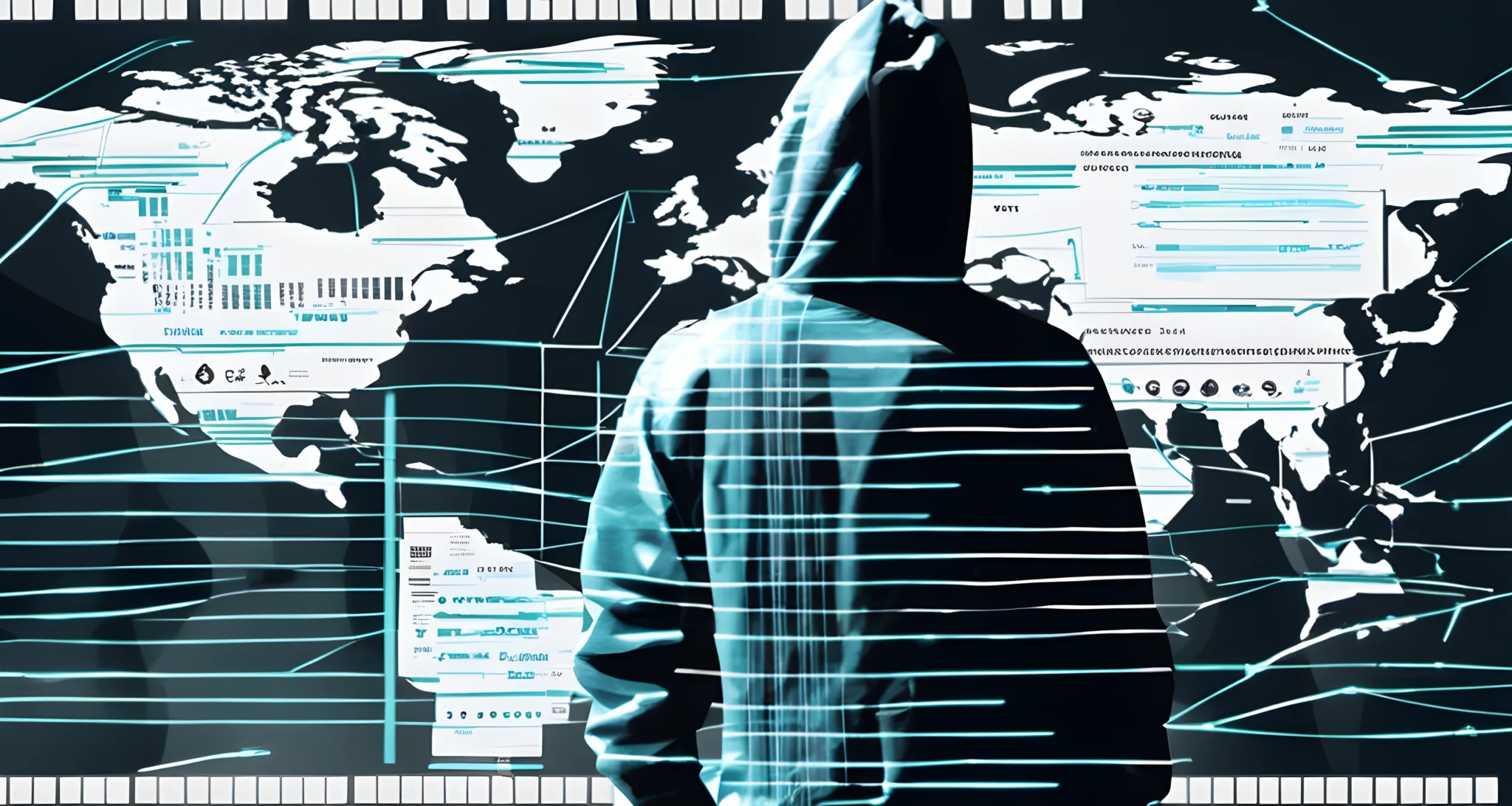 The image shows a computer screen with lines of code, a hacker in a hoodie, and a world map with highlighted areas.