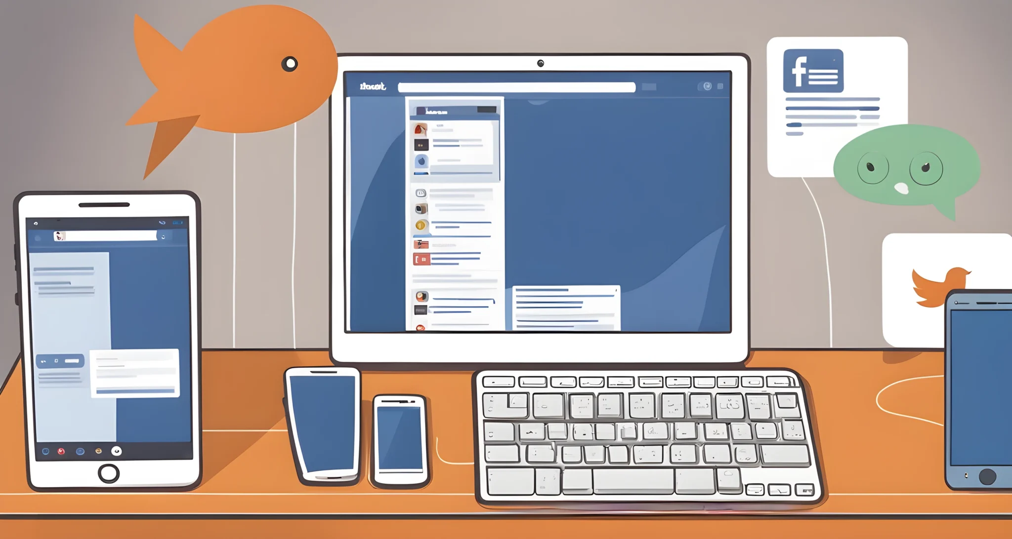 The image shows a computer, smartphone, and tablet on a desk with social media platforms, such as Facebook and Twitter, displayed on their screens.