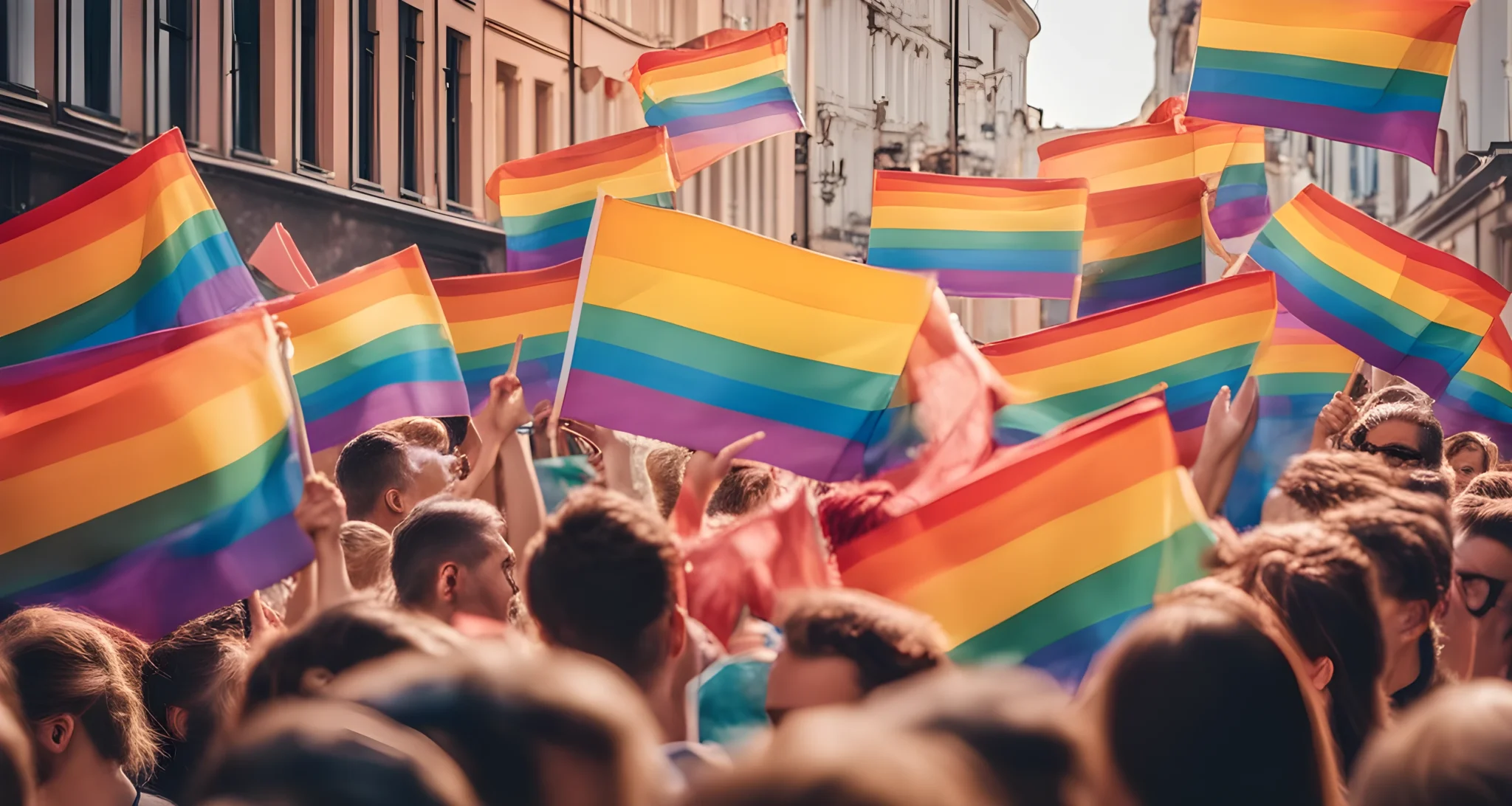 The image shows a crowd of people holding signs and banners with LGBTQ+ pride flags and symbols.