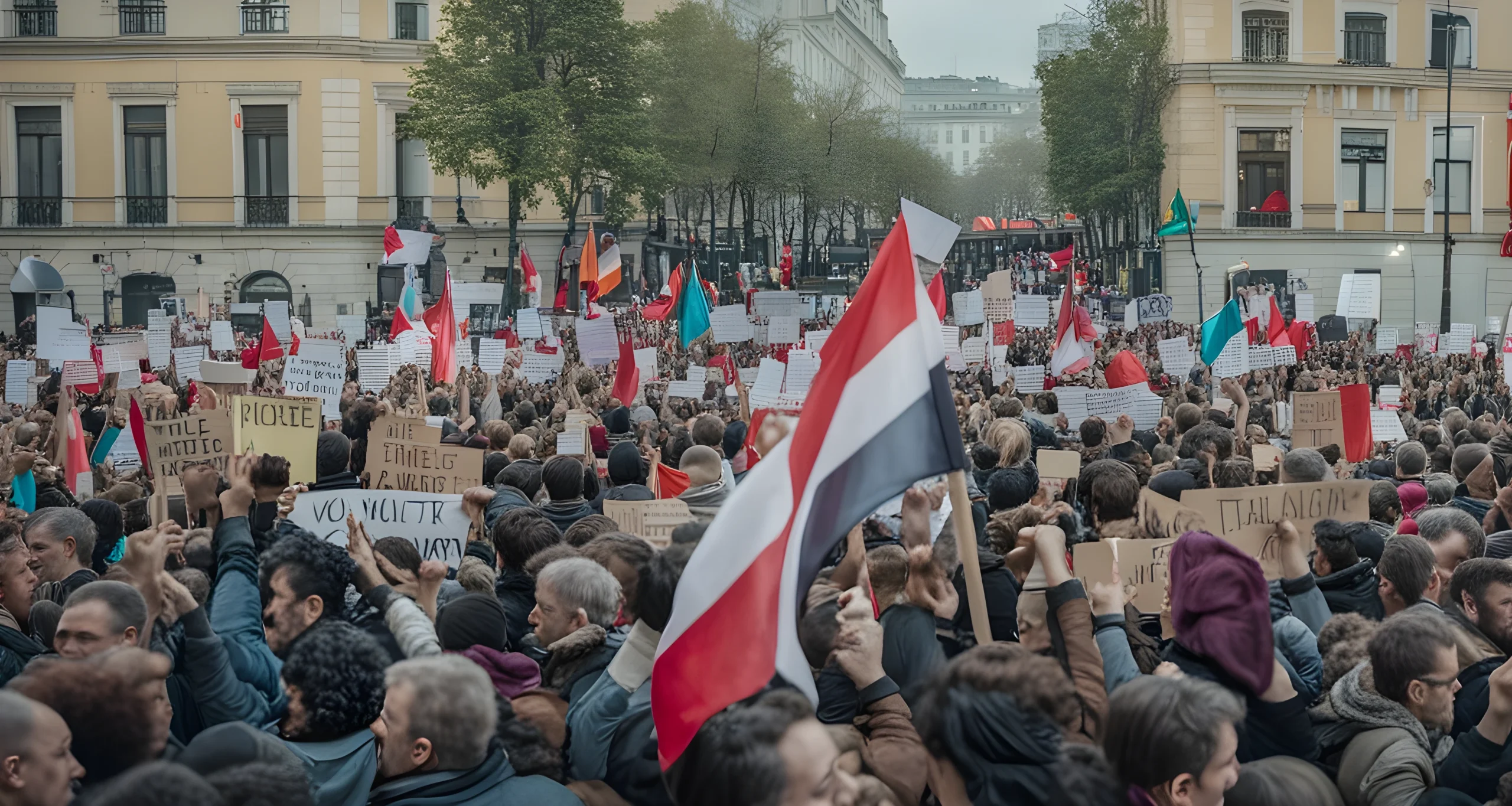 The image shows a crowd of protesters holding signs and flags in a city square.