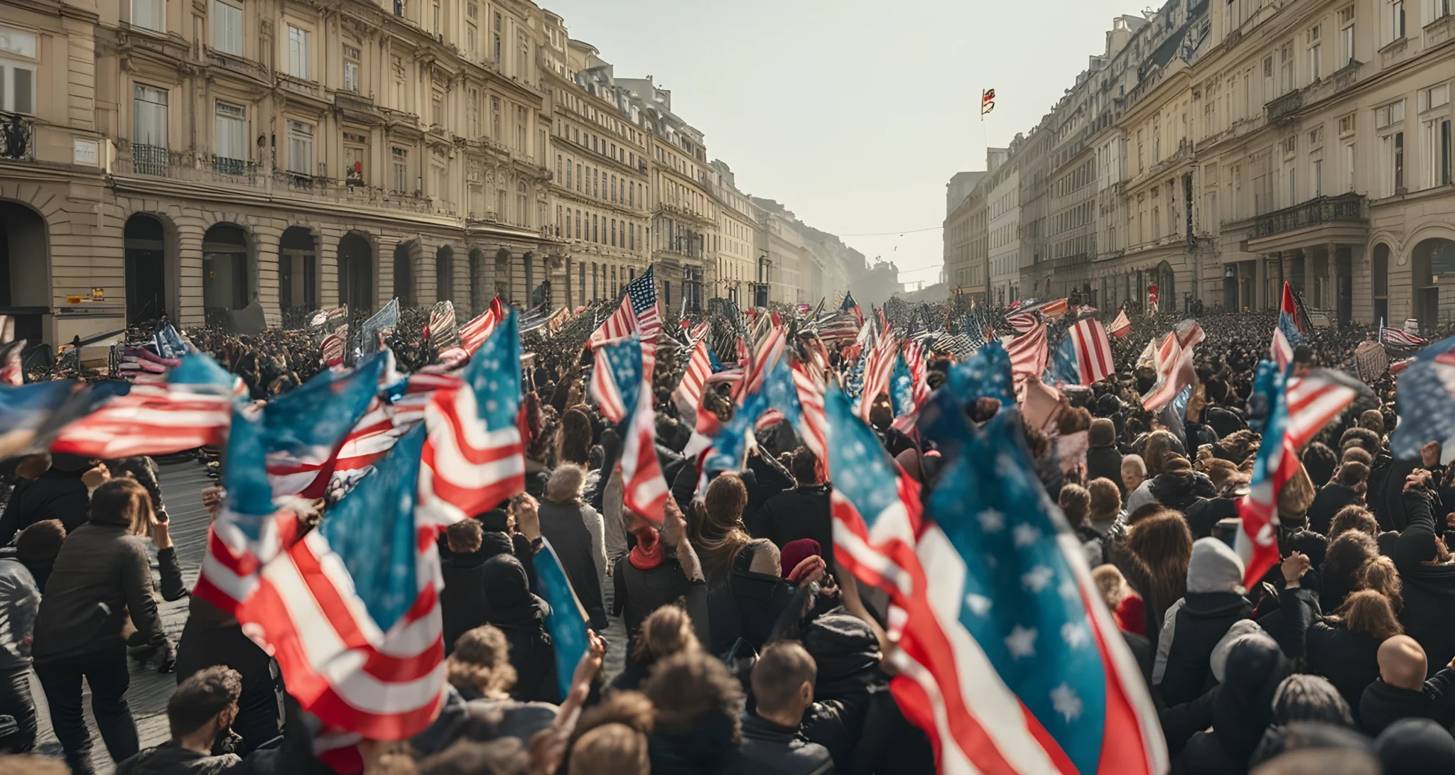 The image shows a crowd of protesters waving flags and holding signs in a city square.