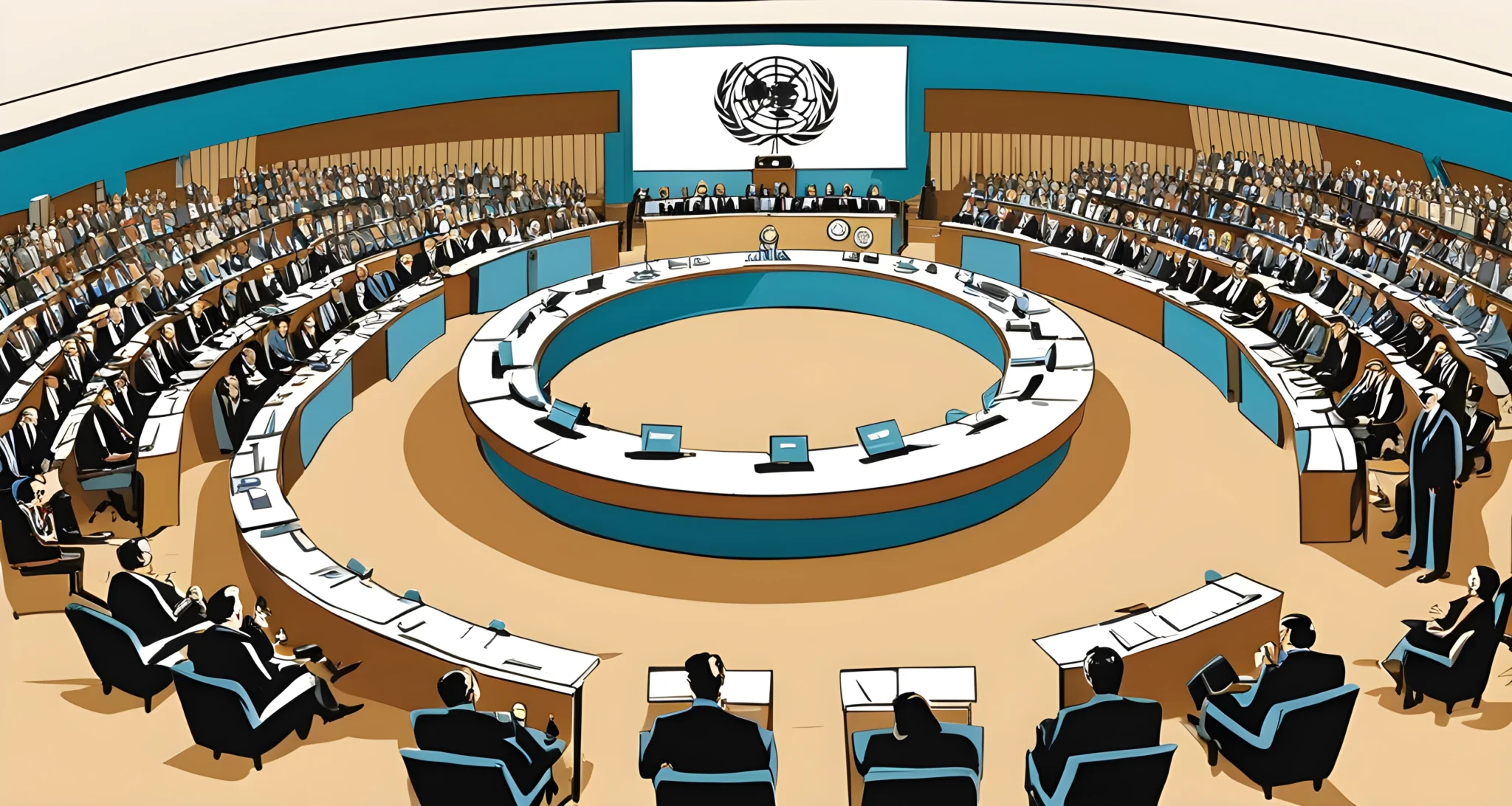 The image shows a crowded United Nations assembly with delegates from various countries seated around a large circular table.