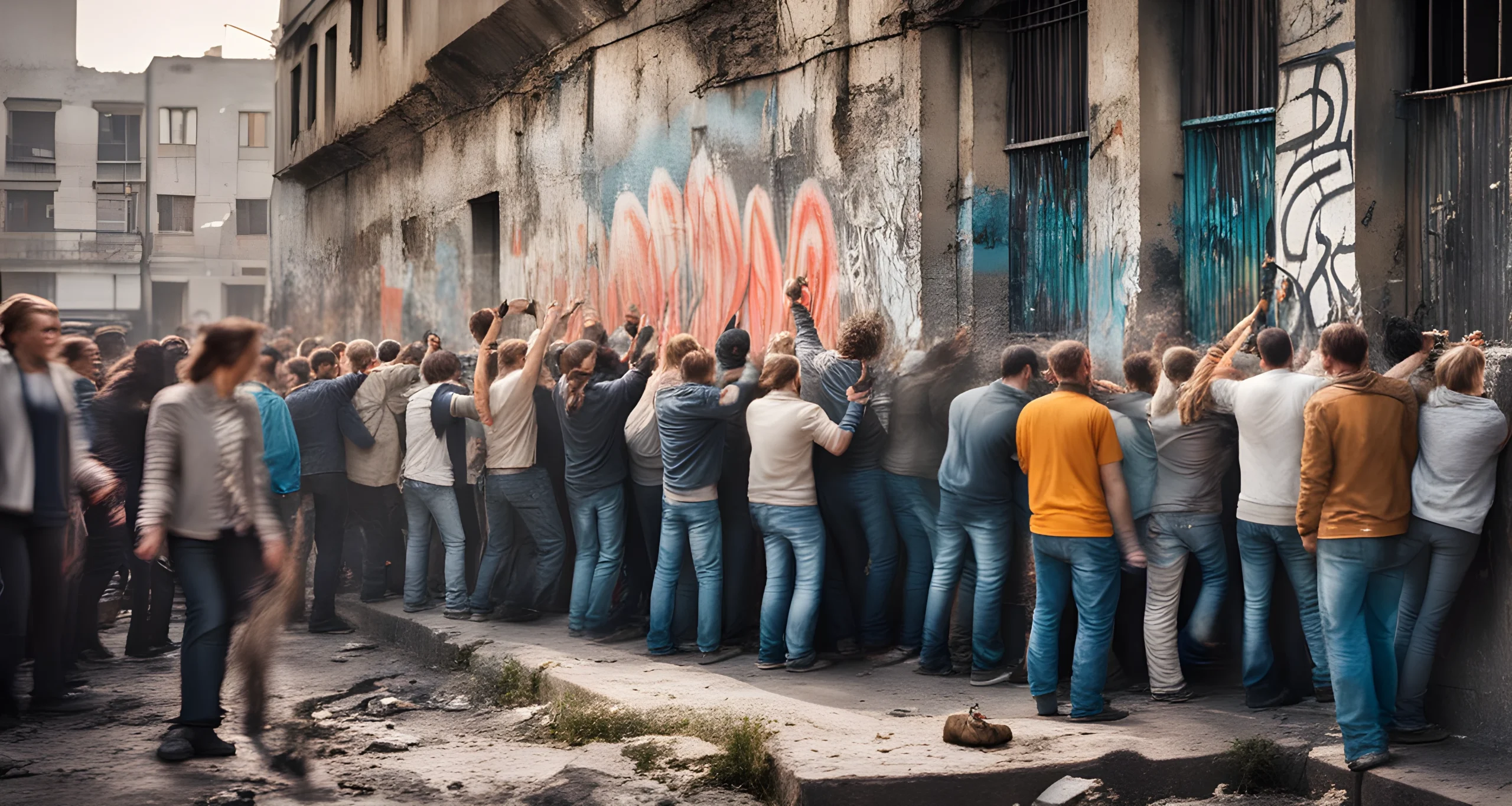 The image shows a crumbling wall with graffiti and a crowd of people celebrating.