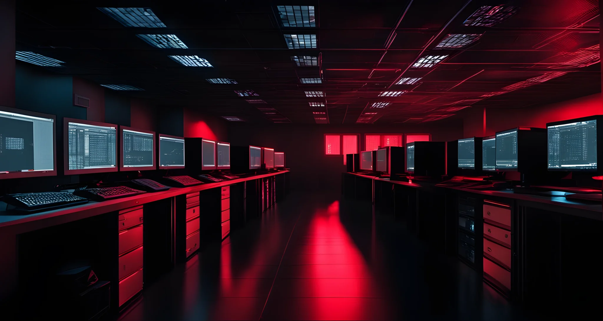 The image shows a dark room filled with computer screens, servers, and networking equipment. The room is dimly lit with a red, ominous glow.