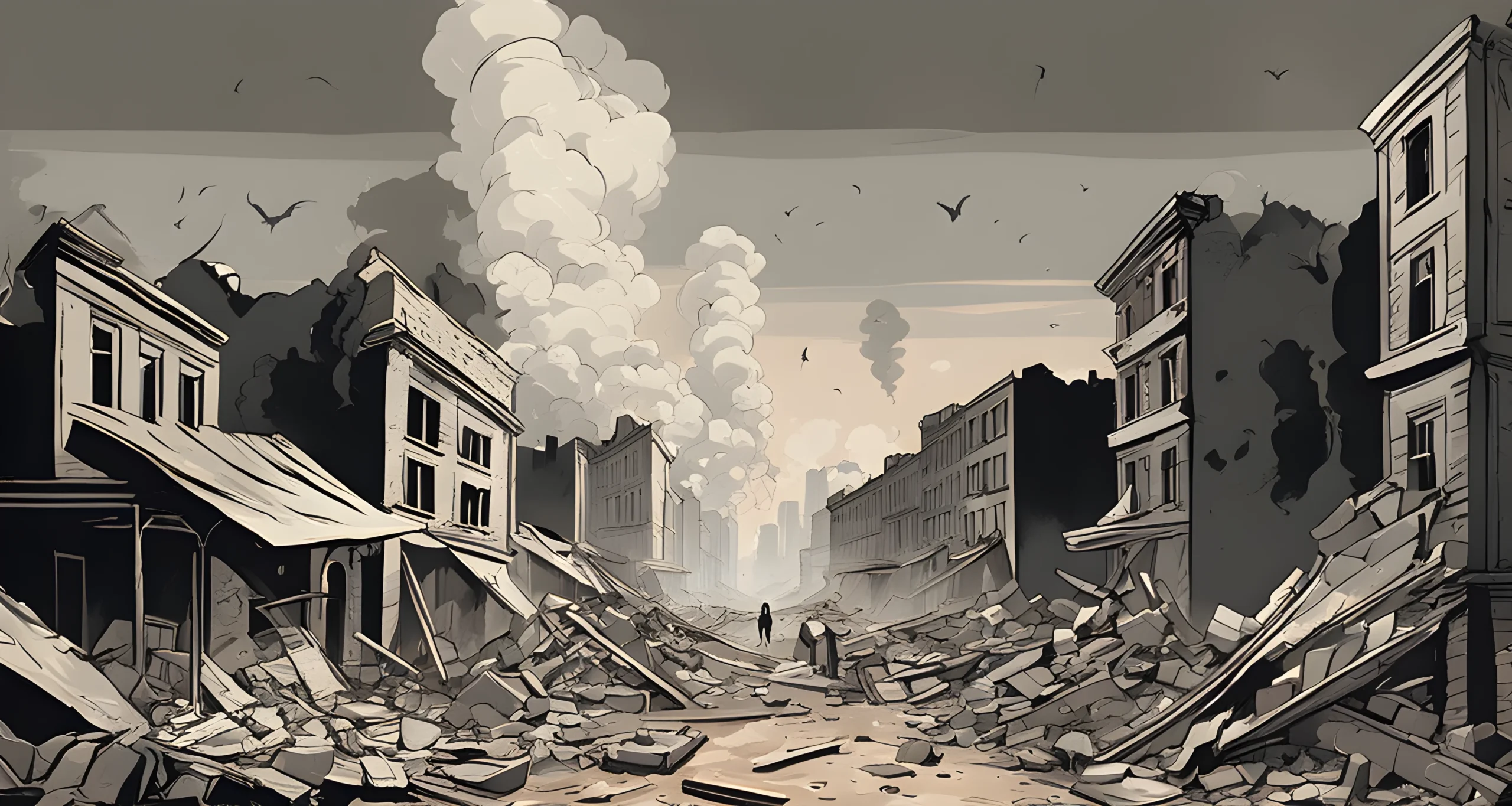 The image shows a destroyed city with rubble, damaged buildings, and smoke rising in the background.