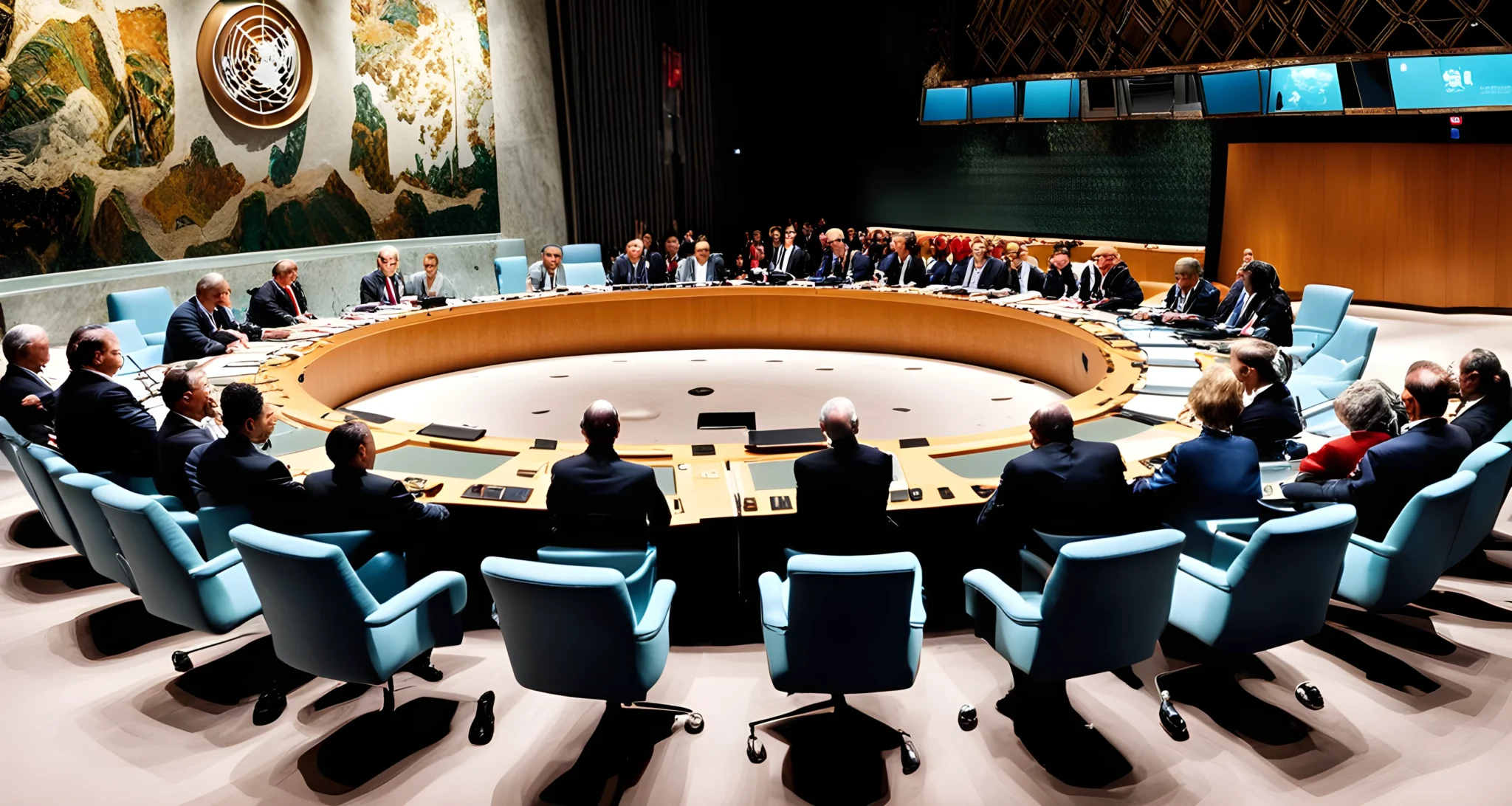 The image shows a diverse group of diplomats and world leaders gathered together at a United Nations summit.