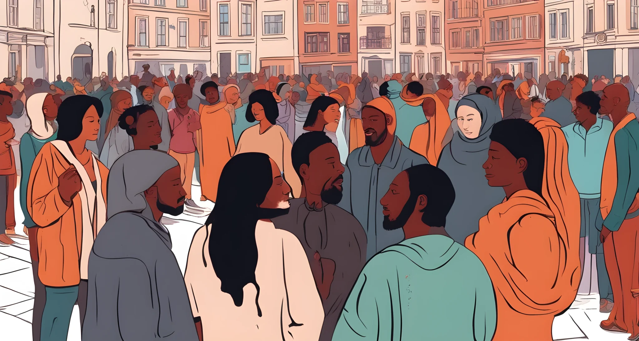 The image shows a diverse group of people from different cultures, huddled together in what appears to be a city square.