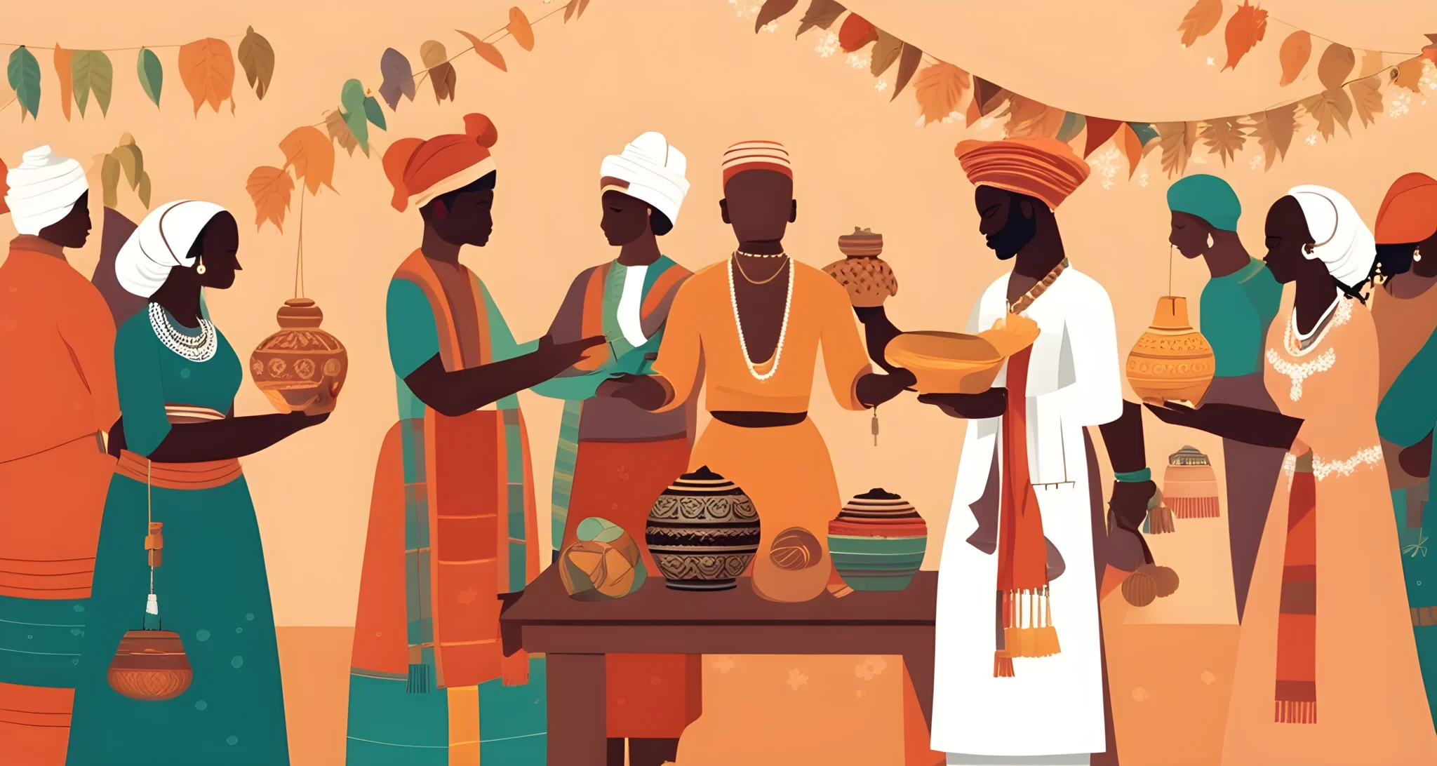 The image shows a diverse group of people in traditional clothing exchanging cultural objects and engaging in activities.