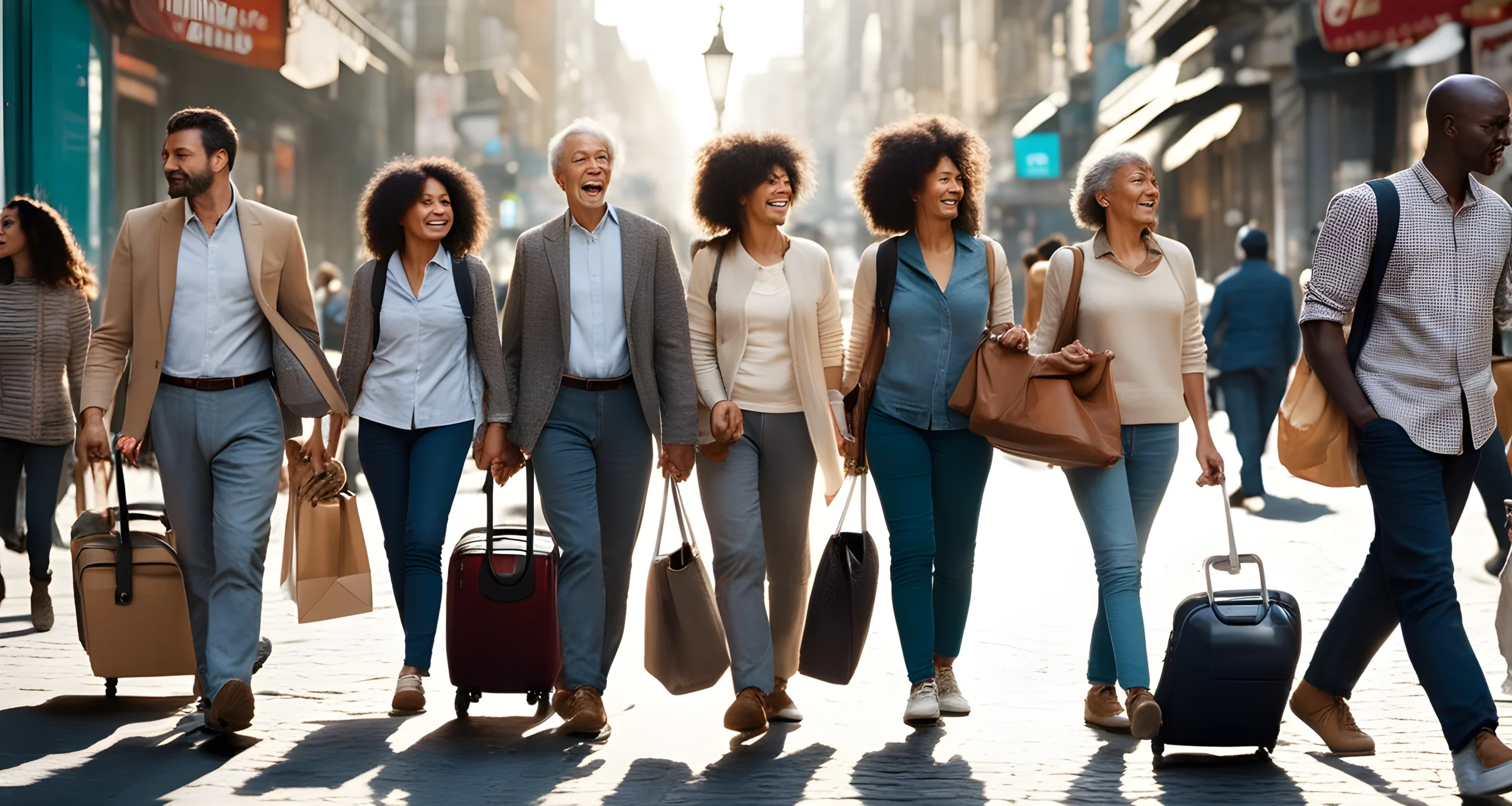 The image shows a diverse group of people of different ethnicities and ages walking together down a busy city street. Some are carrying bags and suitcases.