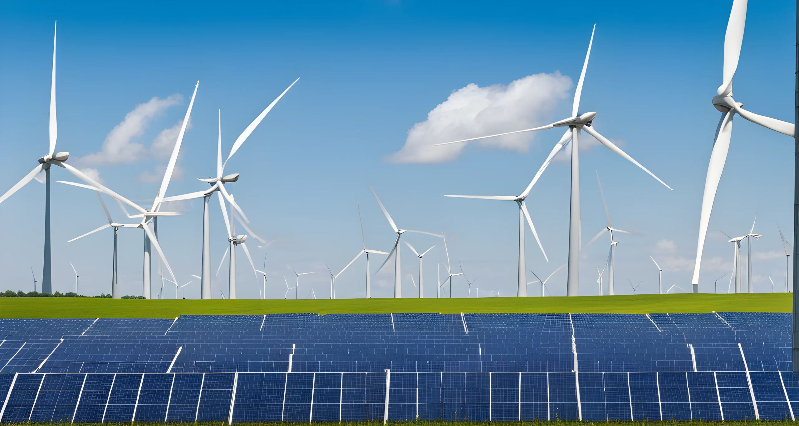 The image shows a field of solar panels and wind turbines against a clear blue sky.