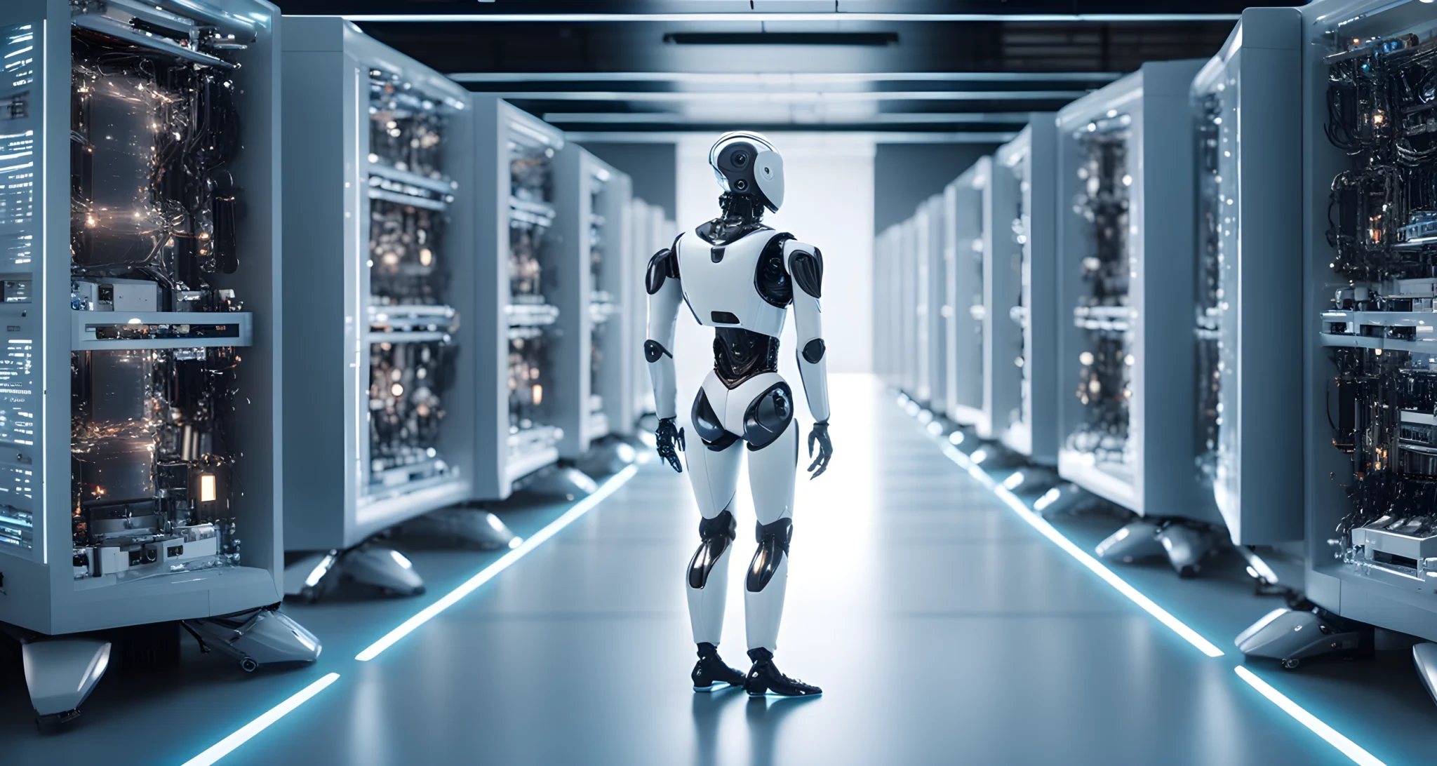 The image shows a futuristic, advanced AI robot surrounded by a network of interconnected computers and technology.