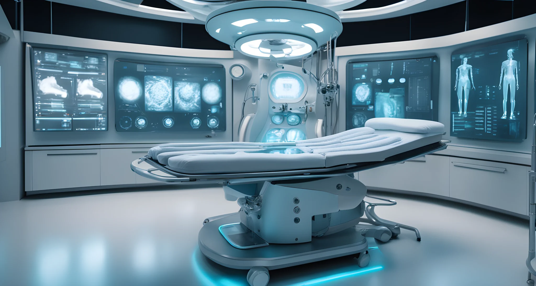 The image shows a futuristic medical device with a complex display and numerous buttons and knobs. There are also advanced robotic surgical instruments and a high-tech MRI machine.