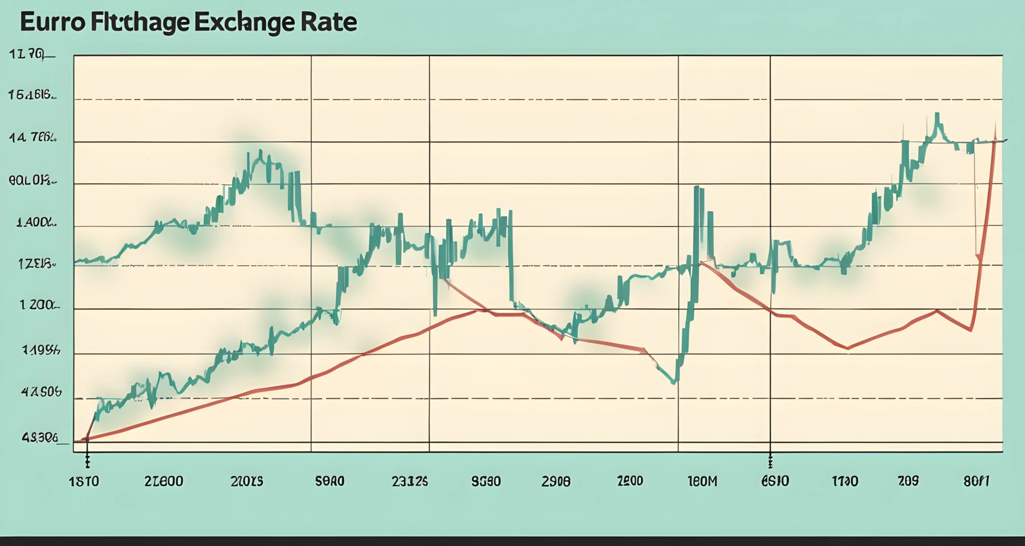 The image shows a graph depicting the fluctuating Euro exchange rate over the past decade.