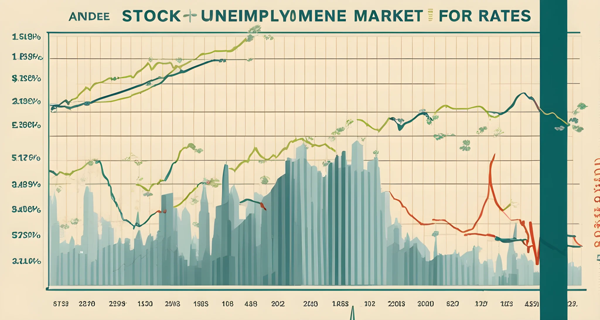 The image shows a graph displaying the growth and decline of the stock market over the past decade, accompanied by a chart detailing the fluctuations of unemployment rates during the same period.