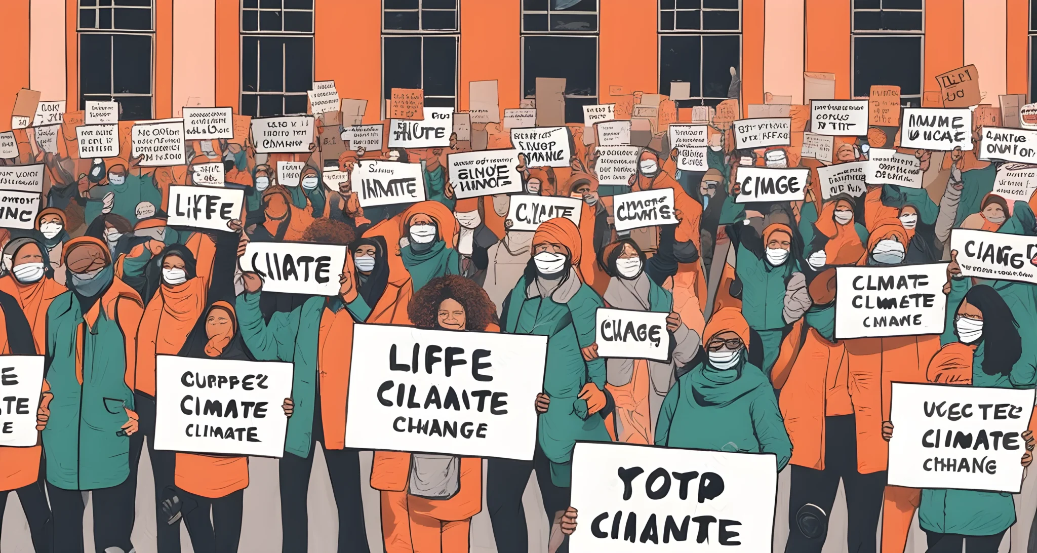 The image shows a group of activists holding up signs and banners during a climate change protest.