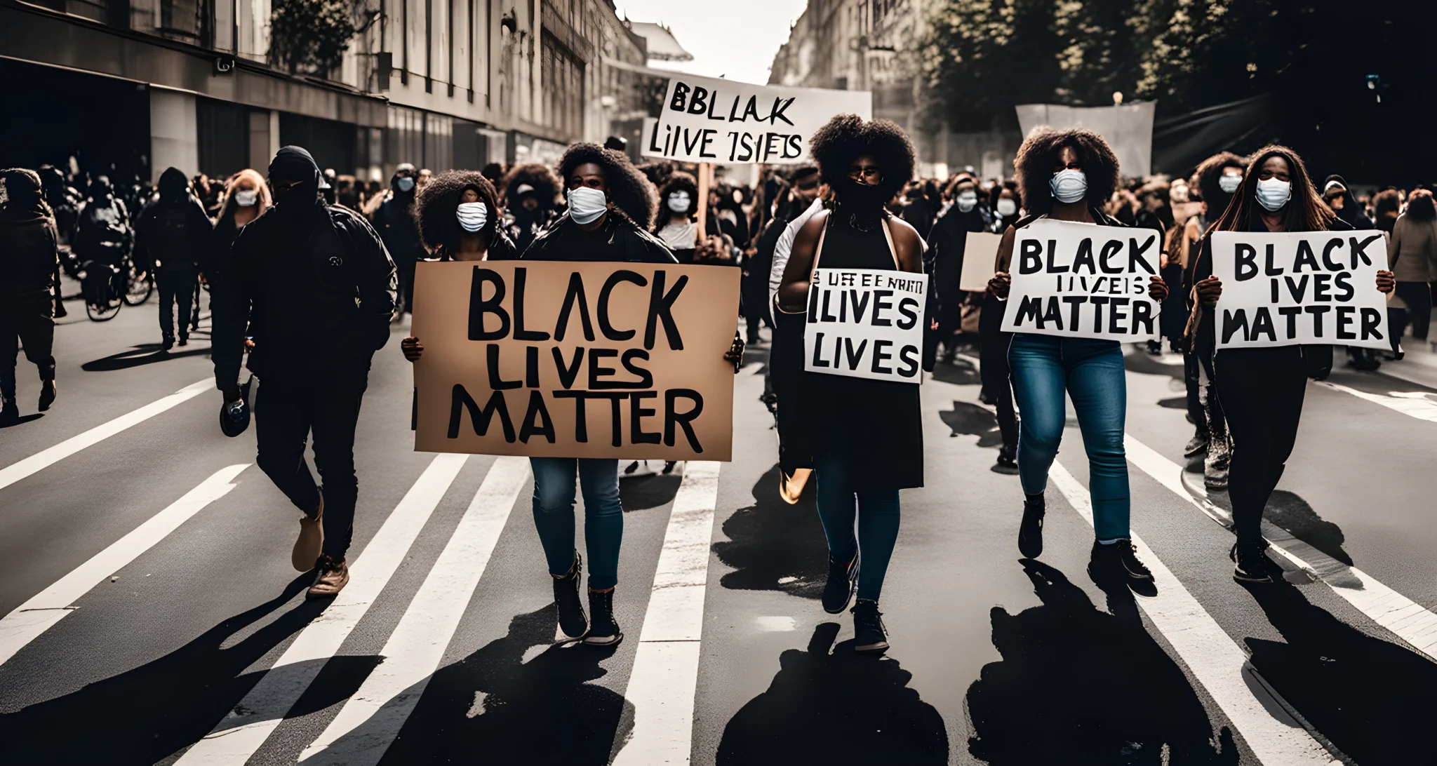 The image shows a group of activists marching in a protest, holding signs with the Black Lives Matter slogan.