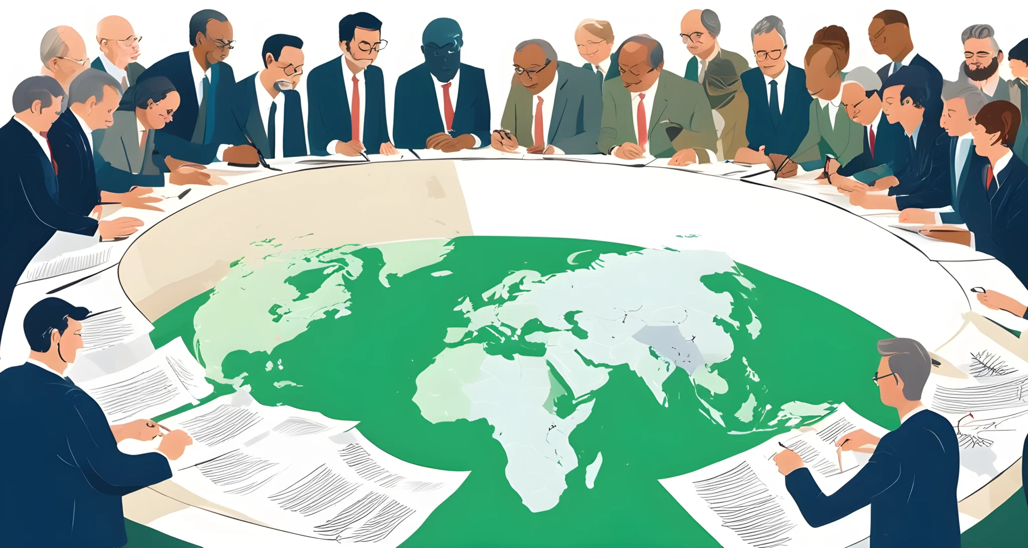 The image shows a group of delegates from various countries signing the Paris Agreement for climate change.