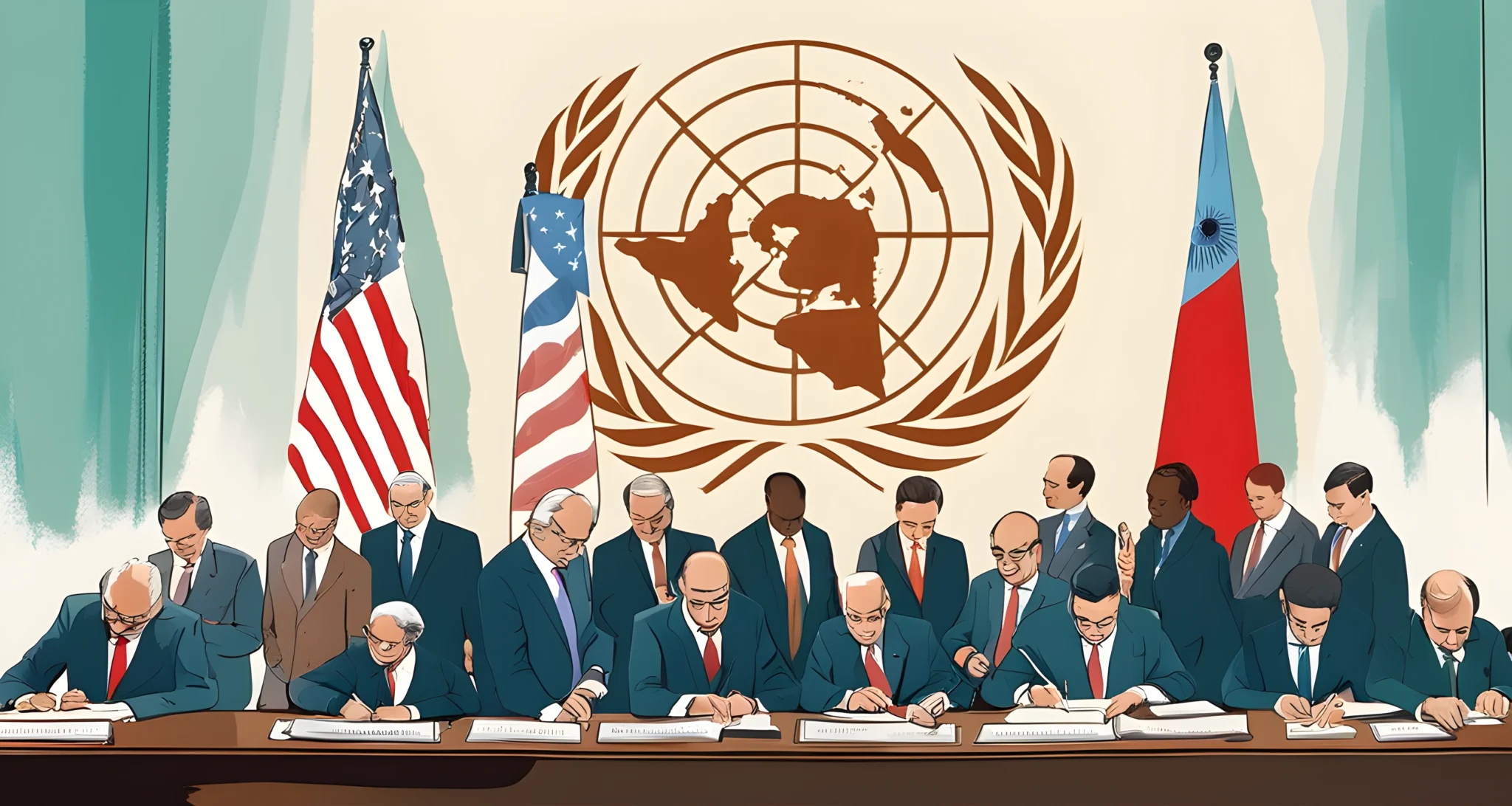 The image shows a group of diplomats and world leaders gathered together signing a document at the founding meeting of the United Nations.