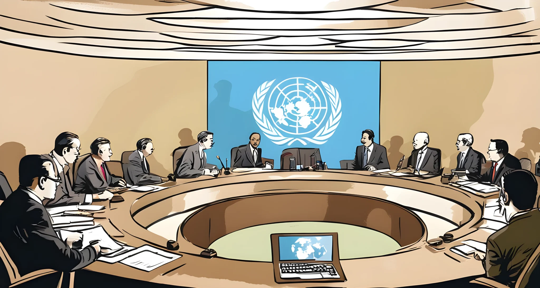 The image shows a group of diplomats from various countries engaging in a discussion at the United Nations headquarters.