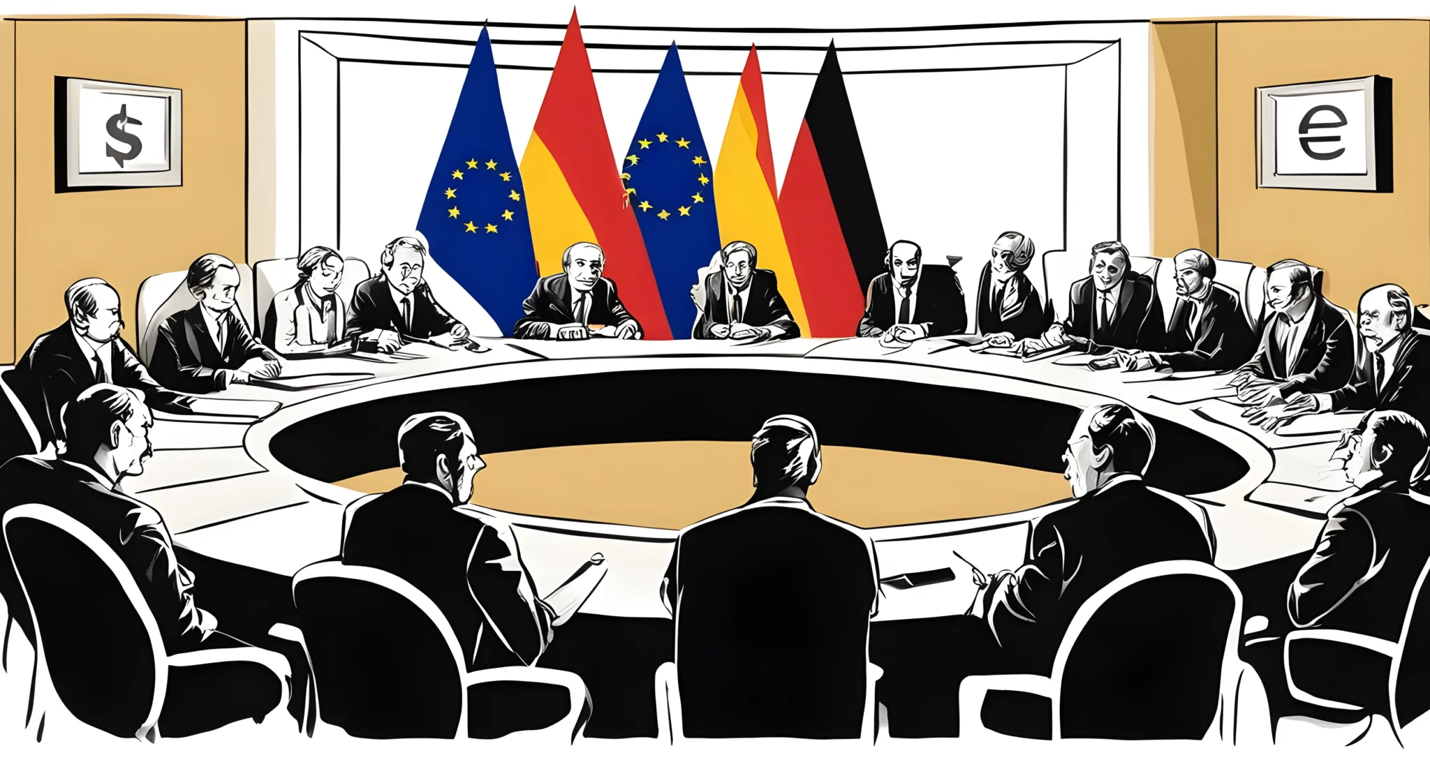 The image shows a group of European leaders in a meeting, discussing and negotiating solutions to the Eurozone crisis.