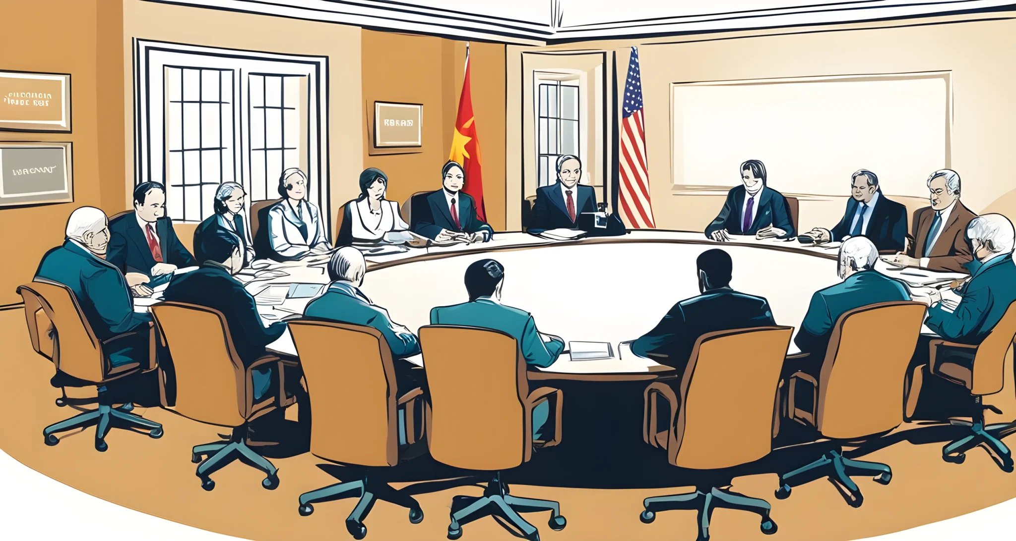 The image shows a group of government officials from different countries engaged in a discussion at a diplomatic meeting.