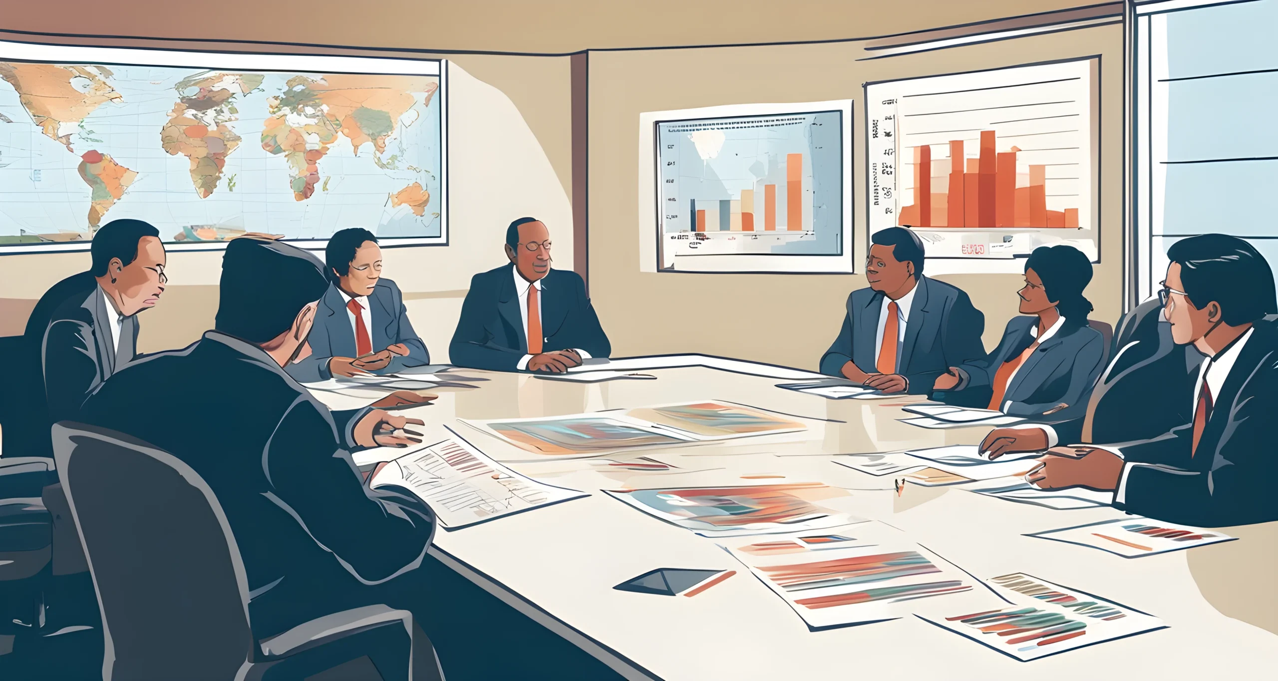 The image shows a group of government officials gathered around a conference table, discussing economic policies. There are charts and graphs displayed on a screen in the background.