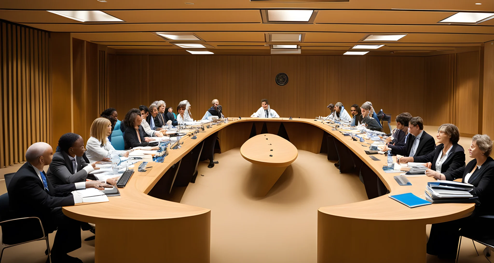 The image shows a group of international health professionals meeting at the World Health Organization headquarters.