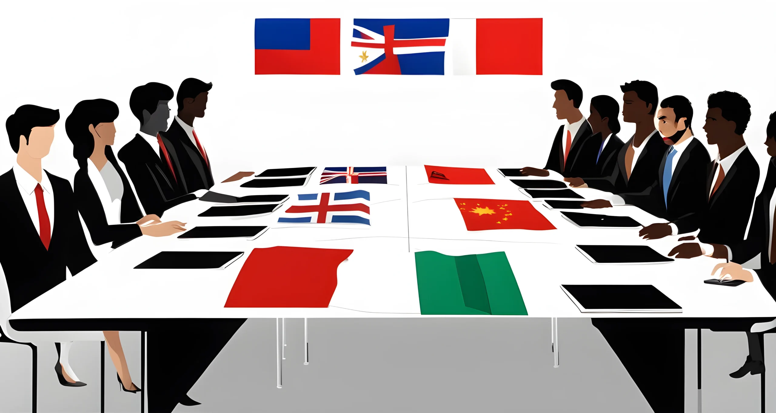 The image shows a group of people gathering around a negotiation table with flags of different countries displayed in the background.