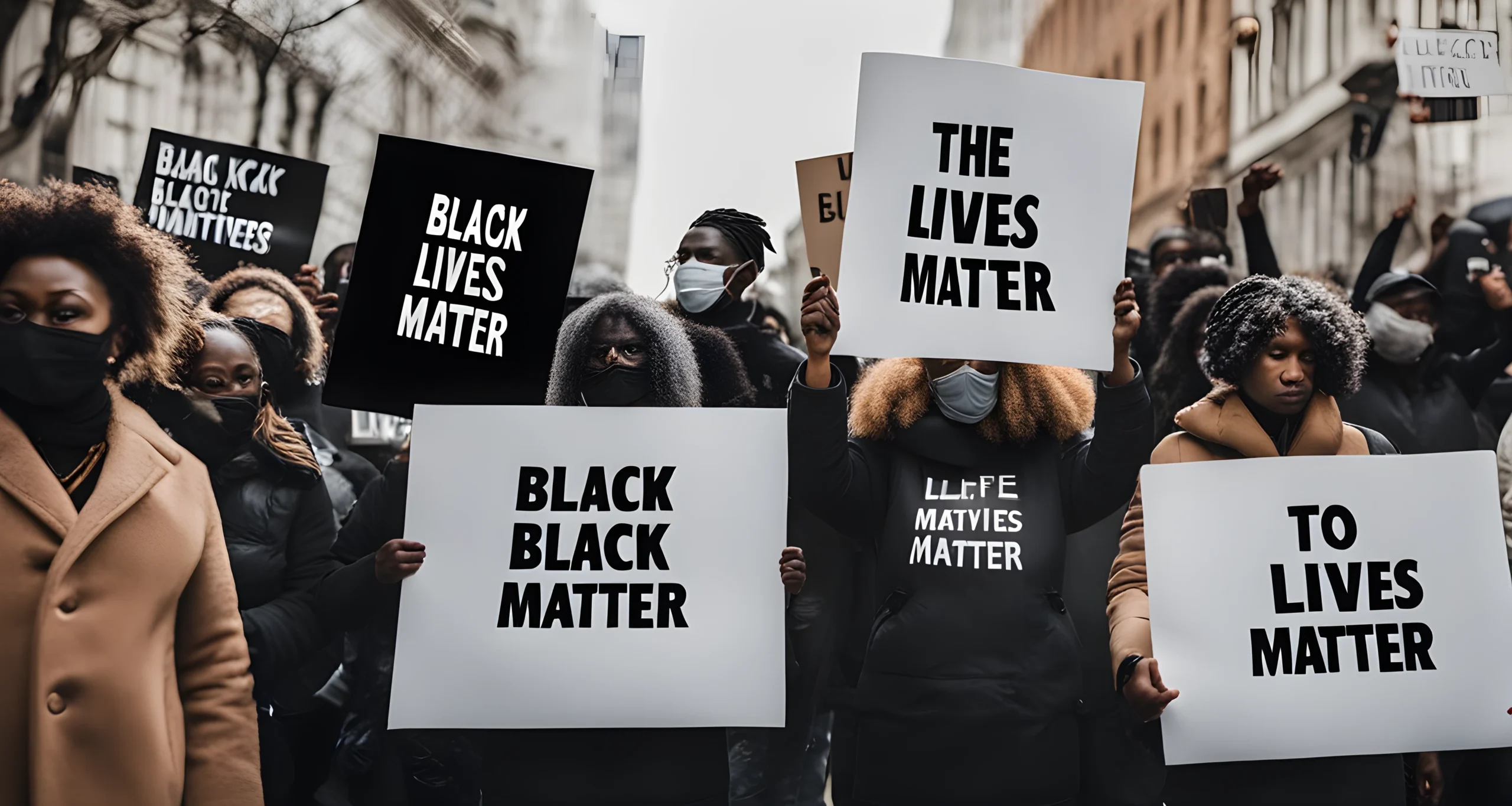 The image shows a group of people holding signs with the Black Lives Matter logo and various statements supporting the movement.