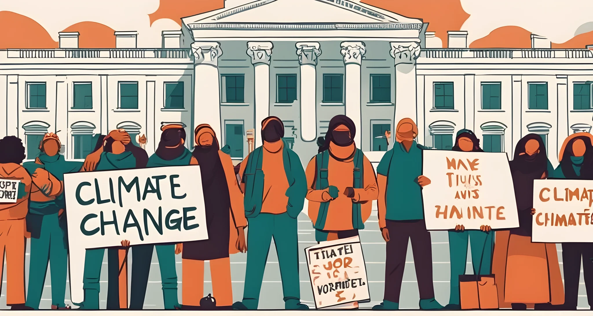 The image shows a group of protesters holding signs with slogans about climate change, standing in front of a government building.