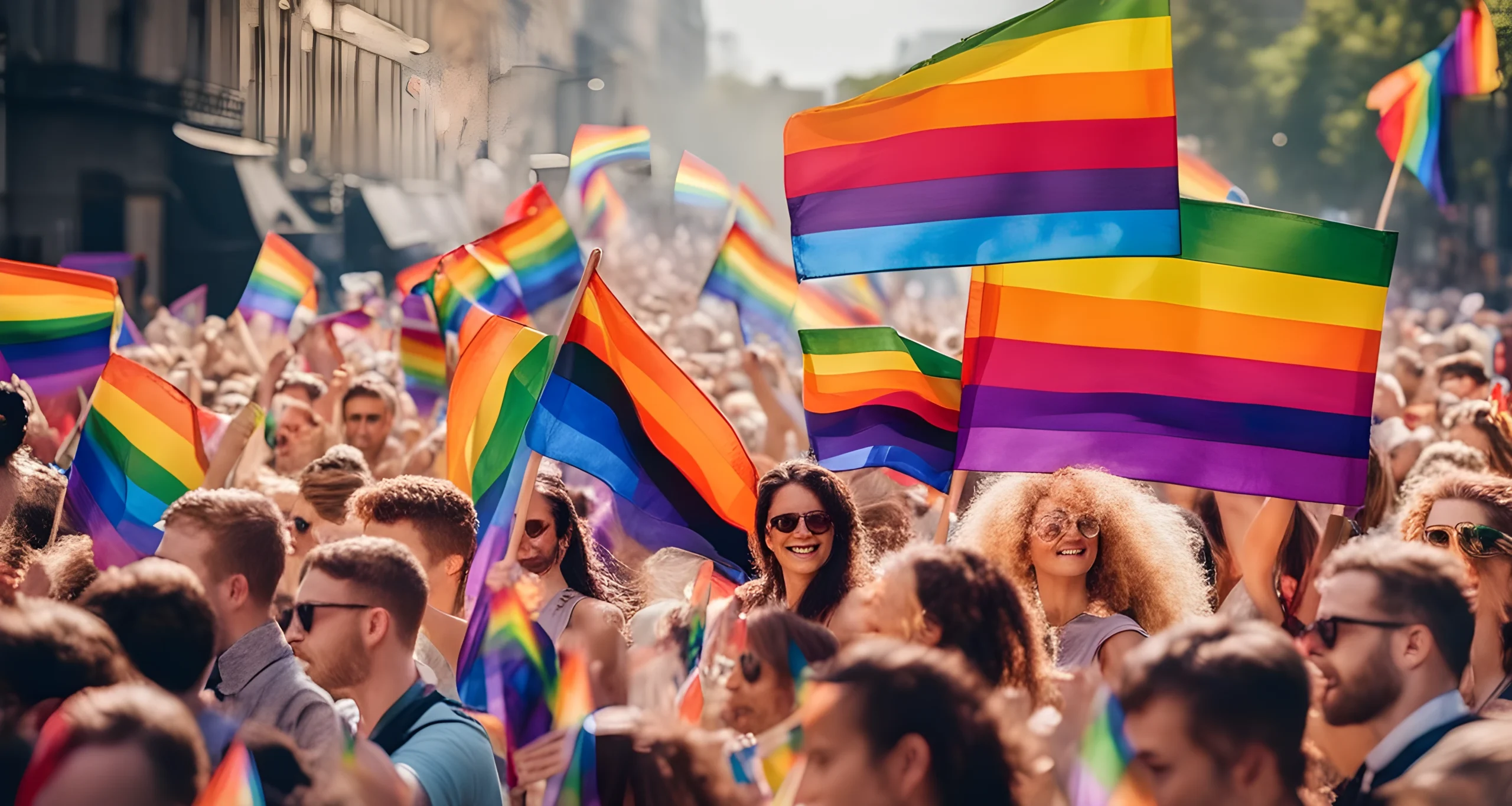 The image shows a group of protestors holding rainbow flags and banners at a pride parade.