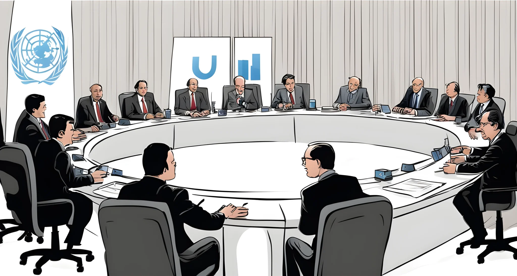 The image shows a group of UN officials in a meeting discussing economic crises.