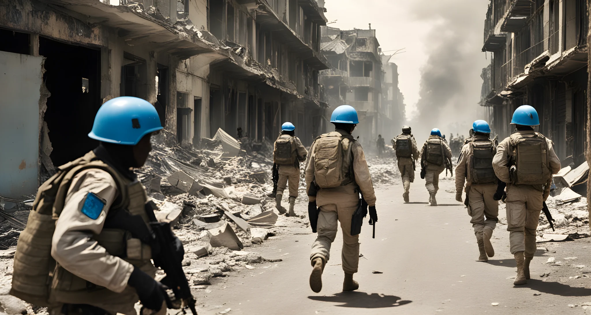 The image shows a group of UN peacekeepers patrolling a war-torn city, with damaged buildings and debris in the background.