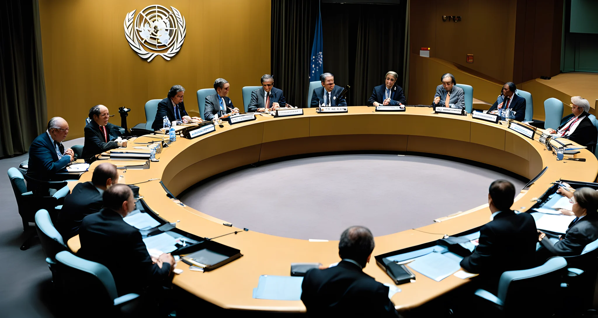 The image shows a group of United Nations diplomats seated around a table, engaged in discussions with representatives from various countries.