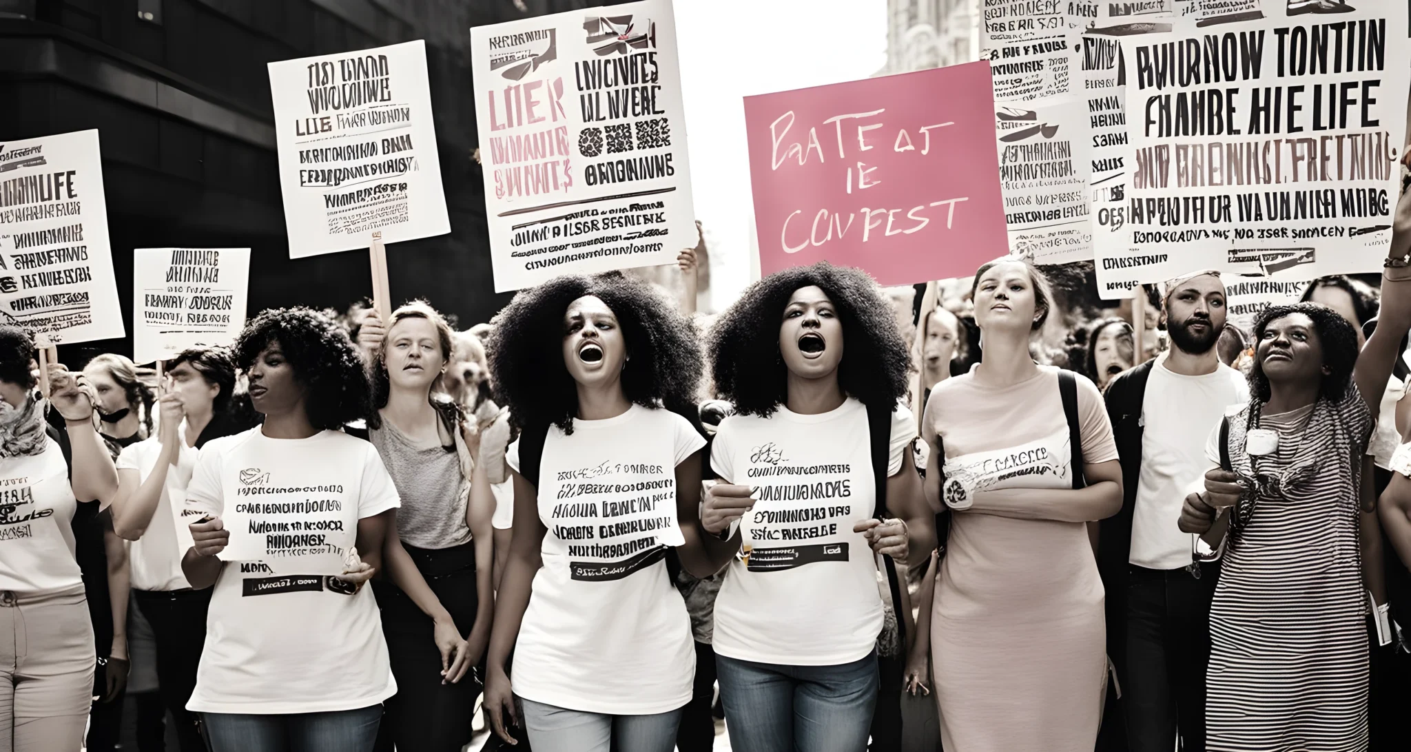 The image shows a group of women activists holding signs and banners at a protest, with a diverse crowd in the background.