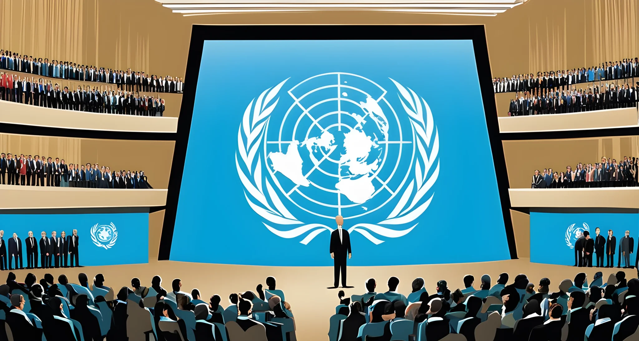 The image shows a group of world leaders and diplomats standing together on a stage with the United Nations logo in the background.