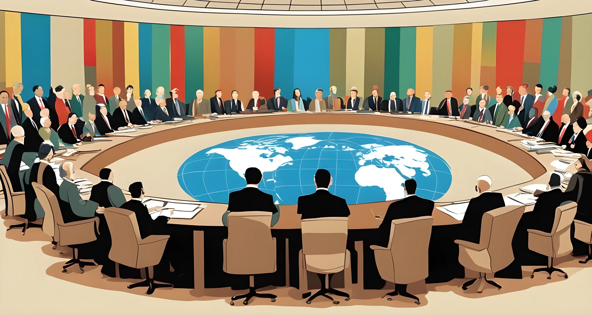 The image shows a group of world leaders from different countries convening at the founding conference of the United Nations.