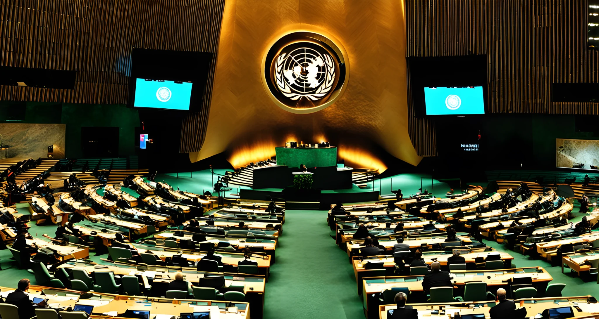 The image shows a group of world leaders gathered at the United Nations General Assembly, with the UN logo prominently displayed in the background.