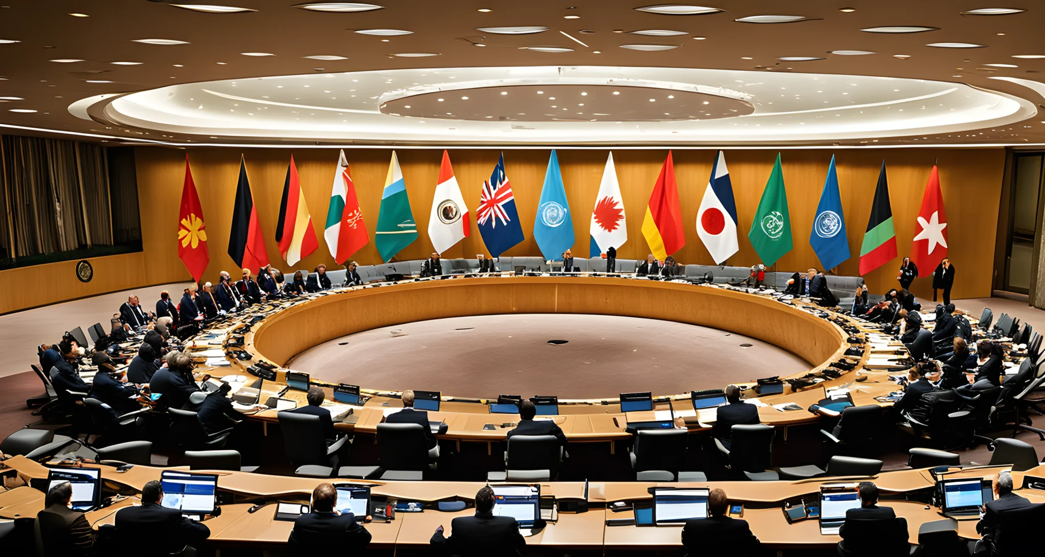 The image shows a group of world leaders gathered in a meeting room at the United Nations headquarters in New York City. In the center of the room is a large circular table with microphones and flags representing different countries. The leaders are engaged in discussions and negotiations, with interpreters and aides present to assist with communication. The room is filled with the buzz of diplomatic activity.