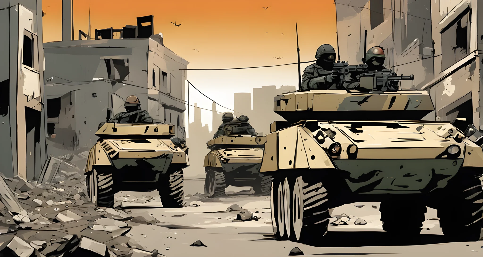 The image shows a heavily armored military vehicle patrolling through a war-torn urban area, with soldiers in full combat gear standing guard.