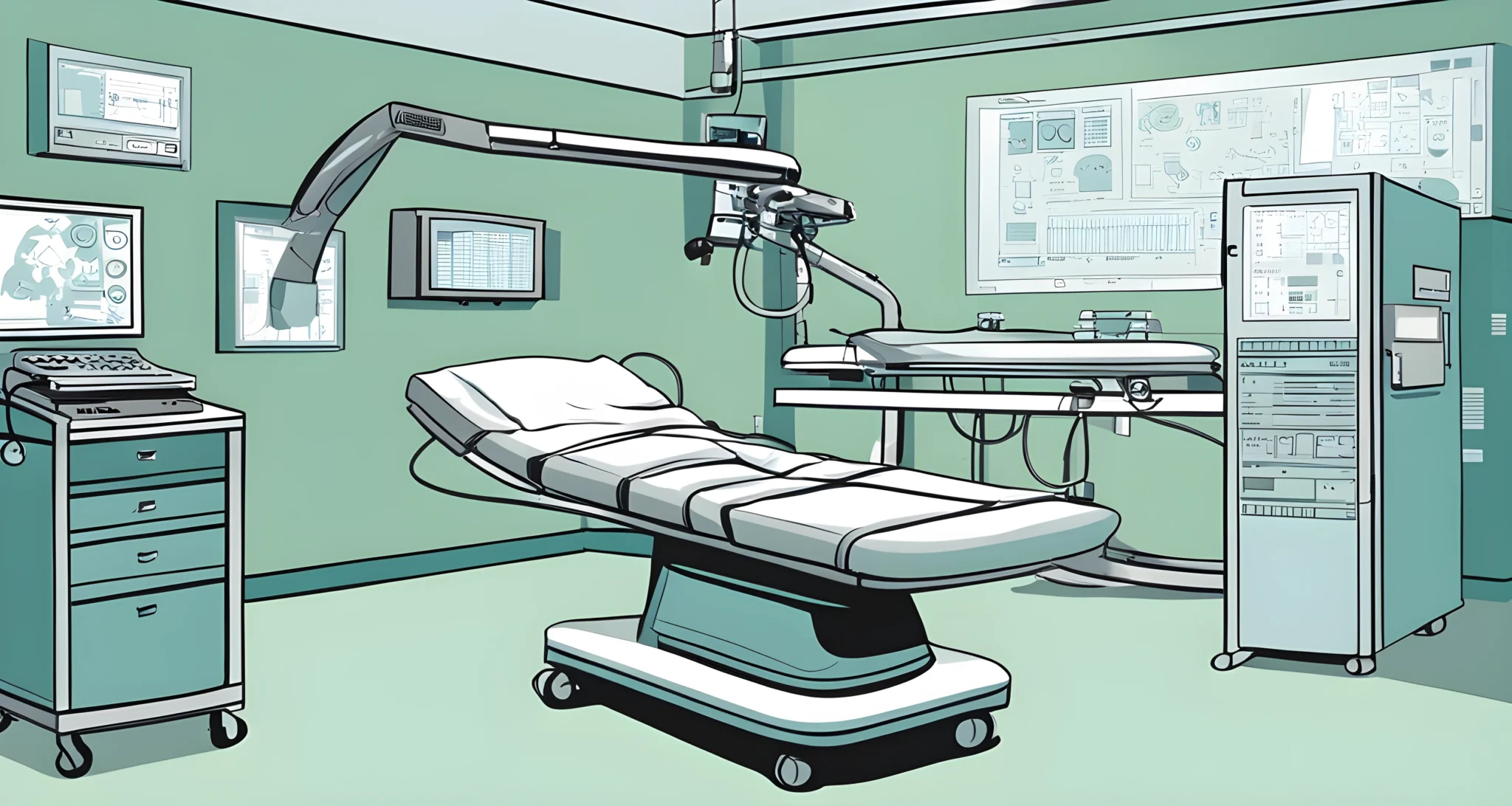 The image shows a hi-tech medical device in a hospital setting.