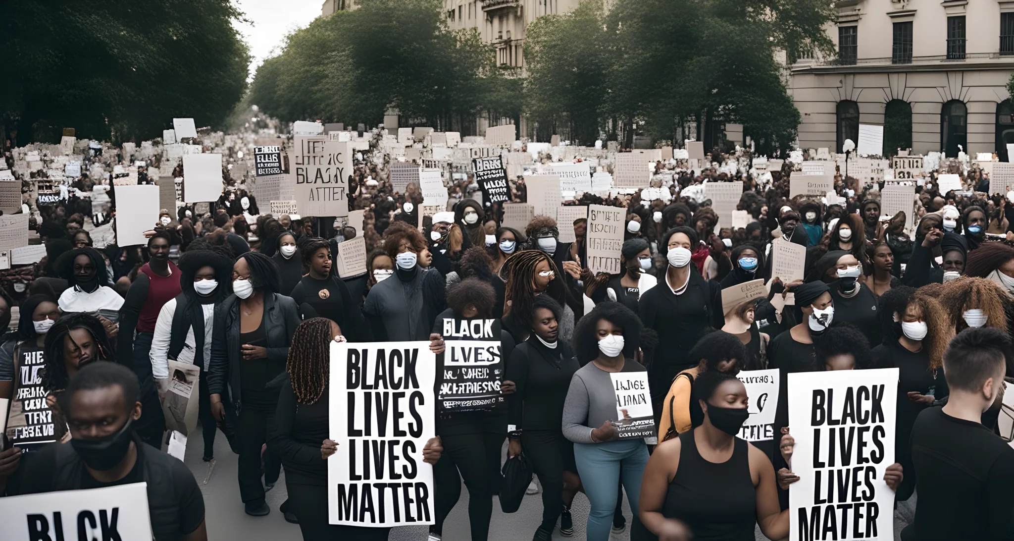 The image shows a large crowd of diverse people holding signs and banners with slogans and messages supporting the Black Lives Matter movement.